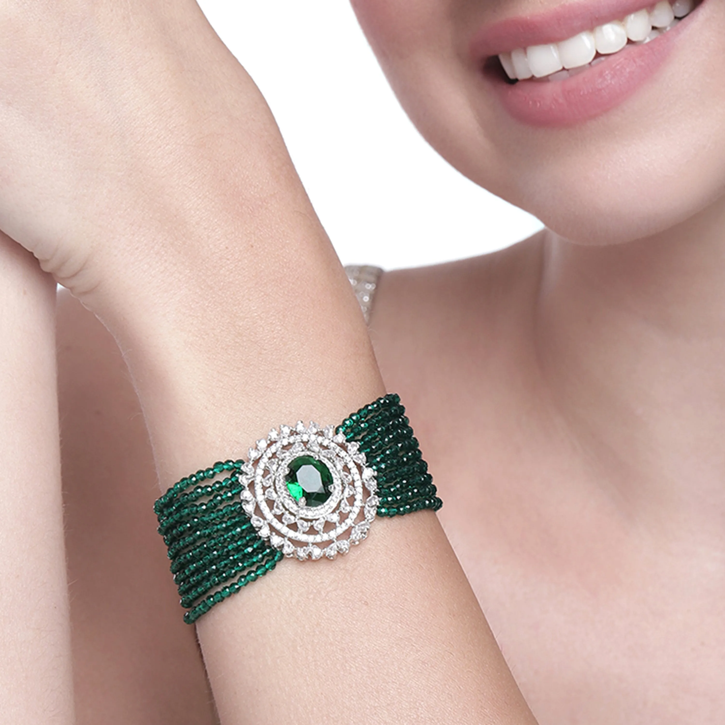 Estele Rhodium Plated CZ Sparkling Multi-Layered Bracelet with Emerald Beads for Women