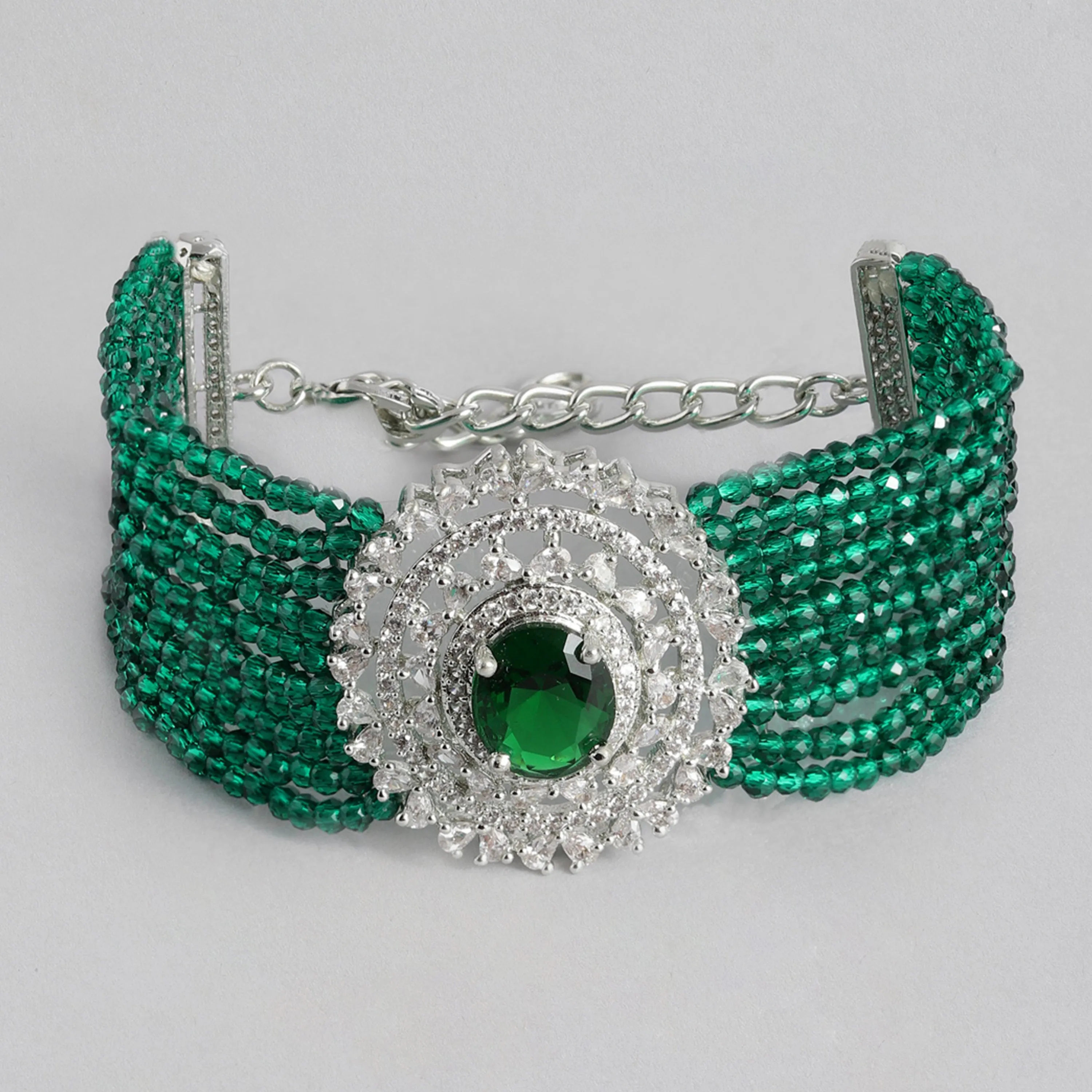Estele Rhodium Plated CZ Sparkling Multi-Layered Bracelet with Emerald Beads for Women