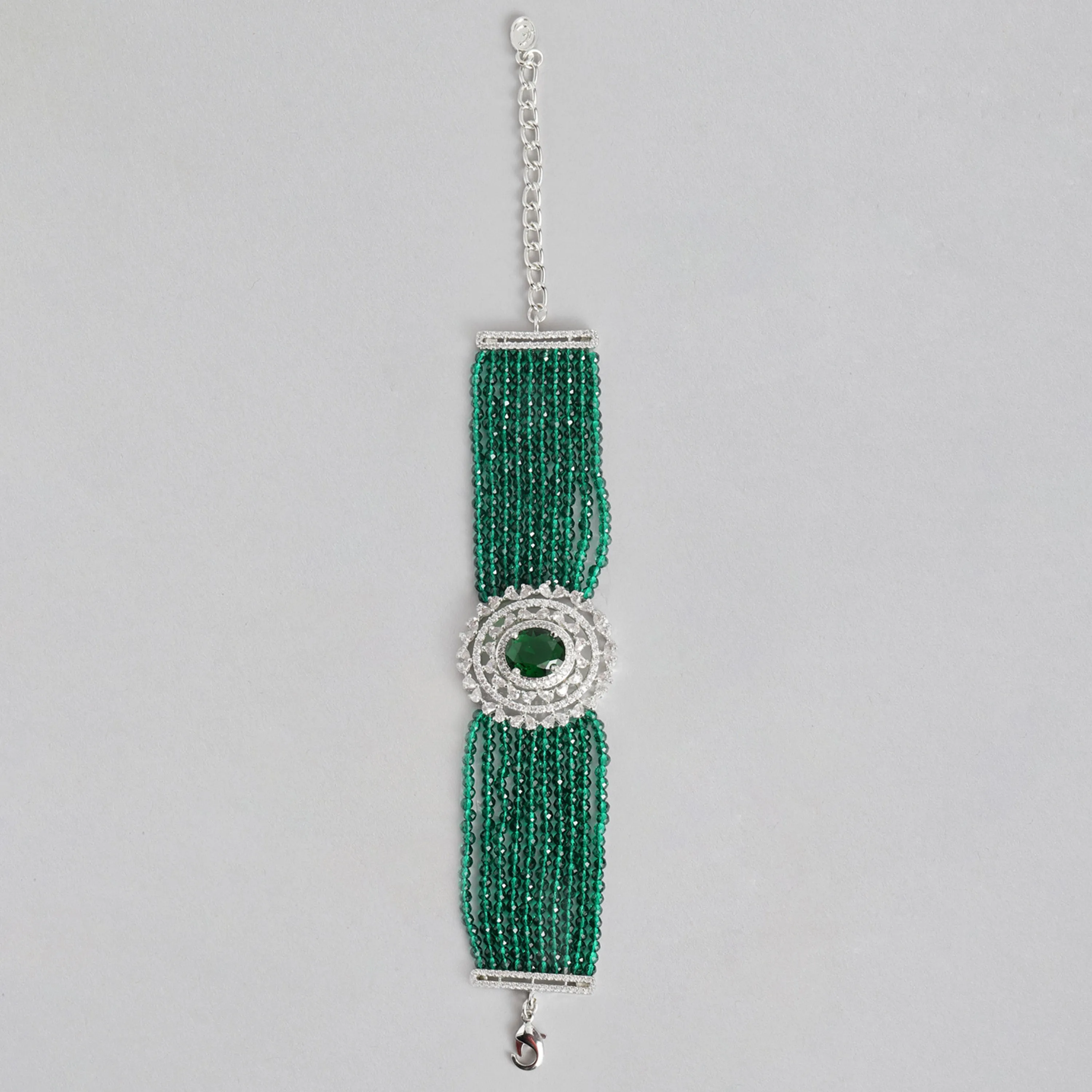 Estele Rhodium Plated CZ Sparkling Multi-Layered Bracelet with Emerald Beads for Women