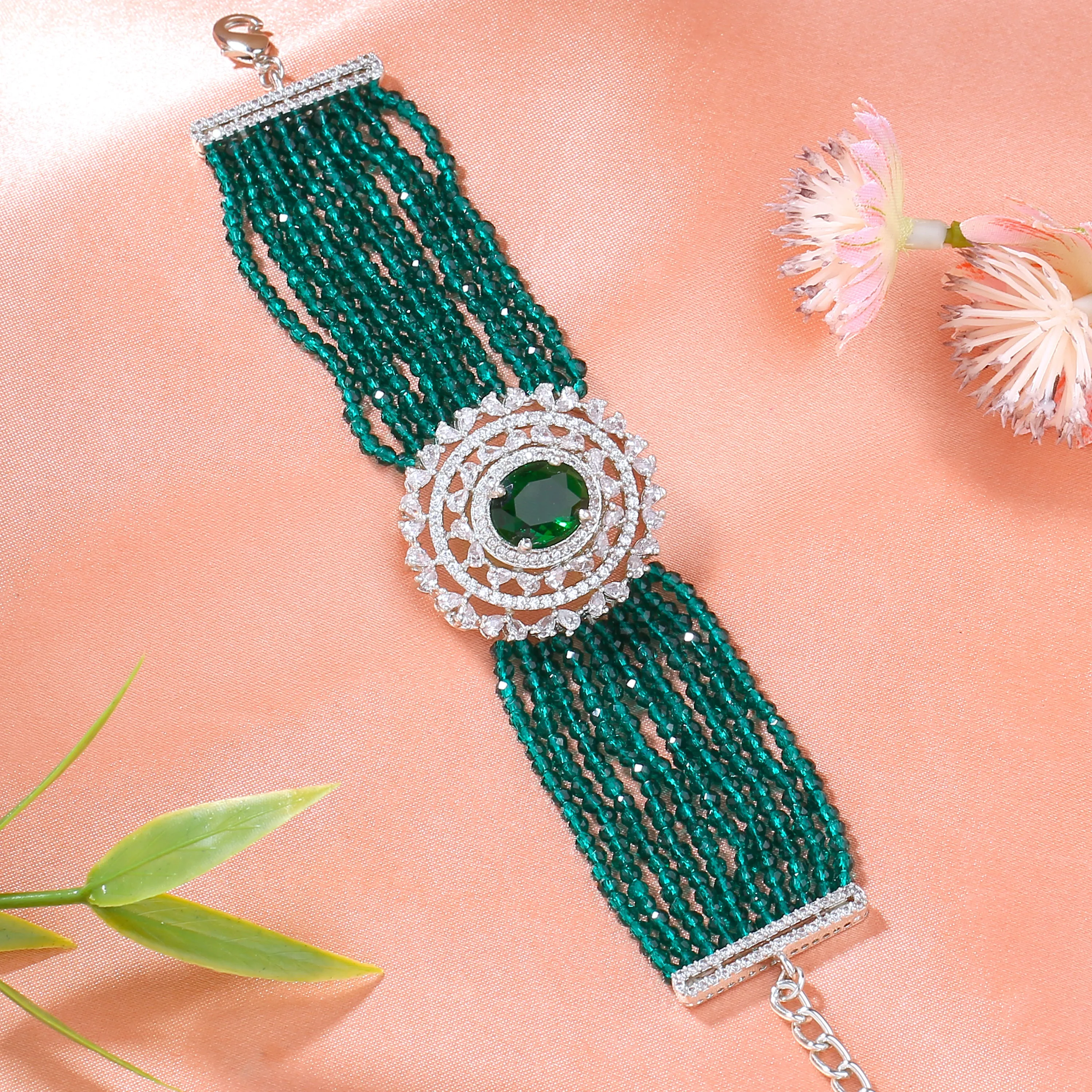 Estele Rhodium Plated CZ Sparkling Multi-Layered Bracelet with Emerald Beads for Women