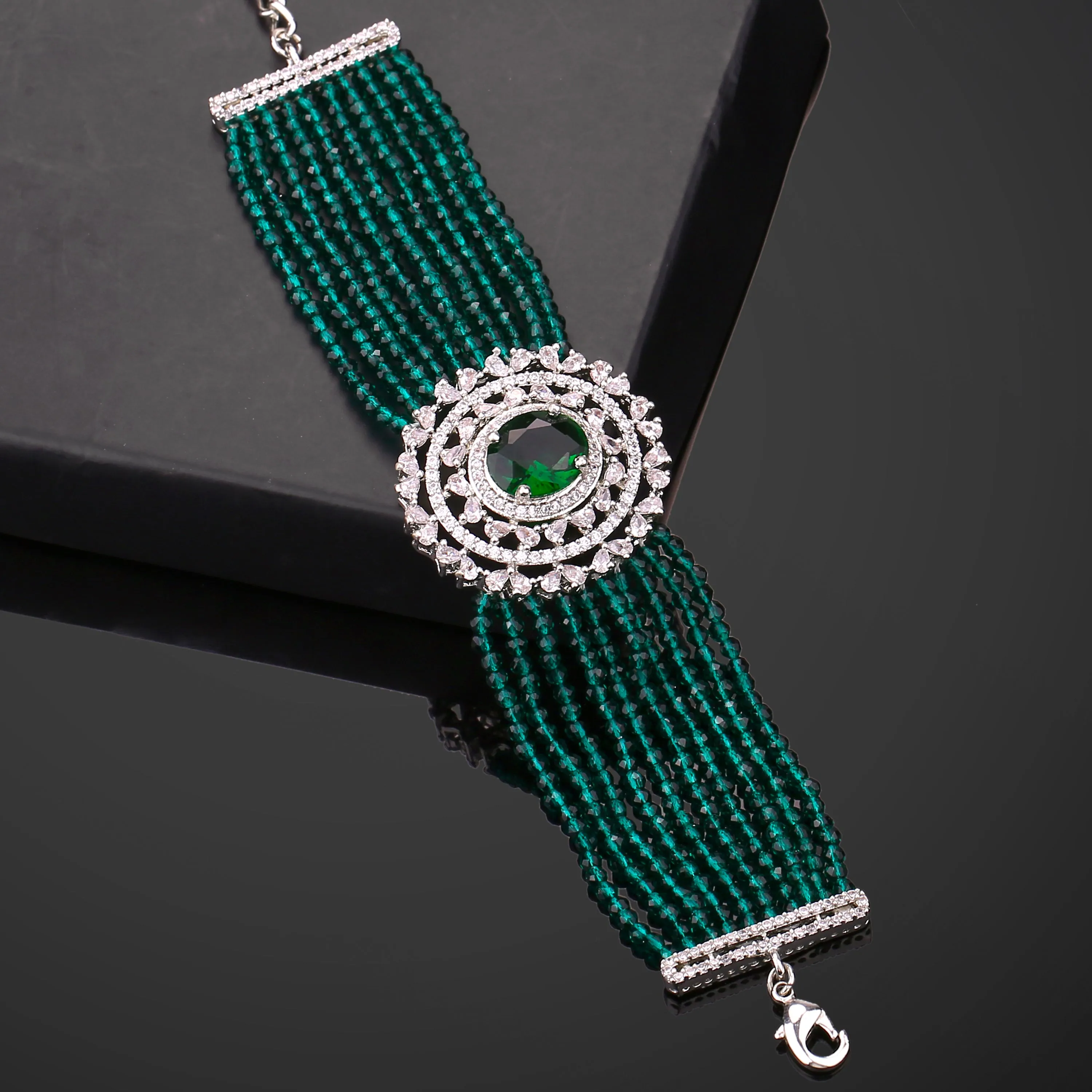 Estele Rhodium Plated CZ Sparkling Multi-Layered Bracelet with Emerald Beads for Women
