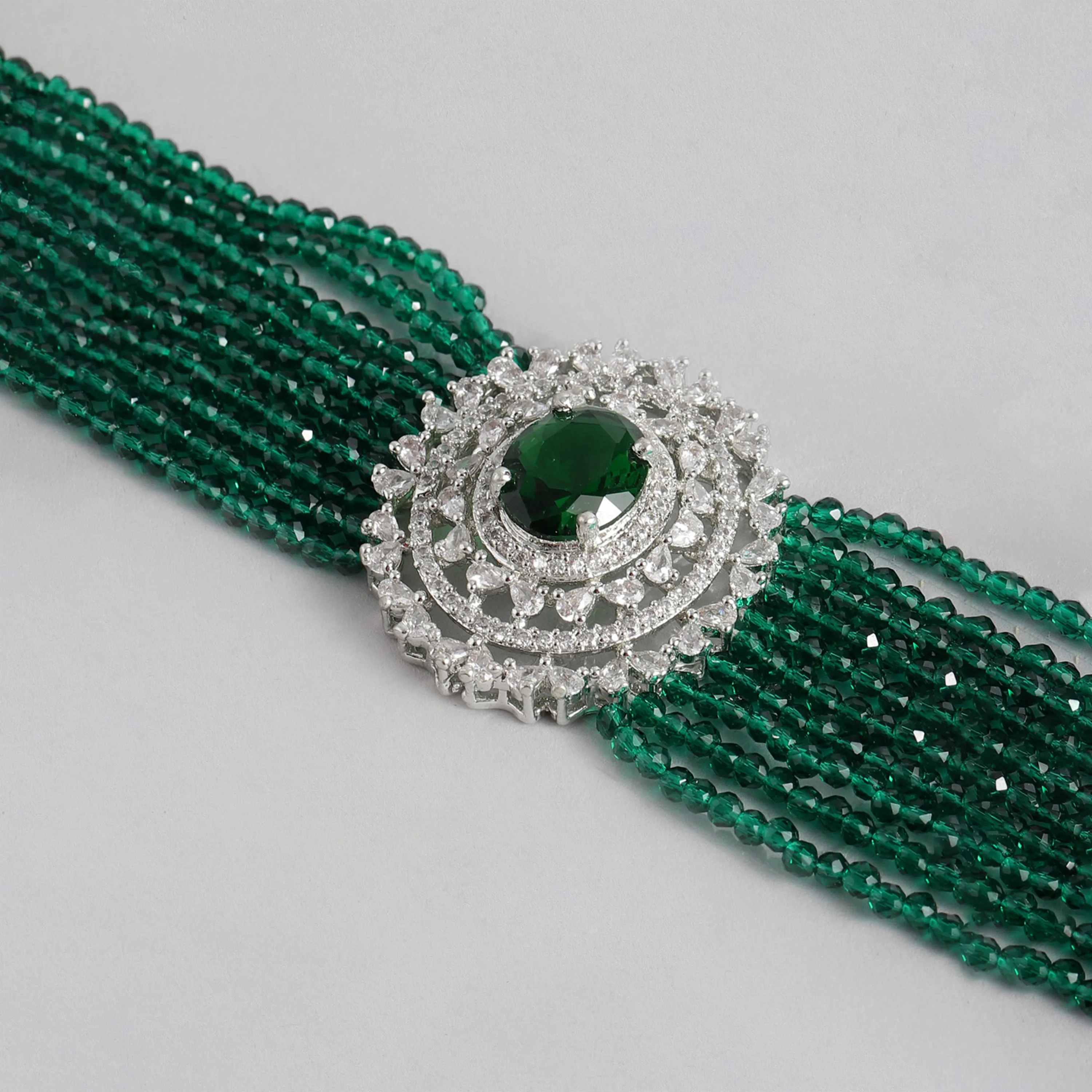 Estele Rhodium Plated CZ Sparkling Multi-Layered Bracelet with Emerald Beads for Women
