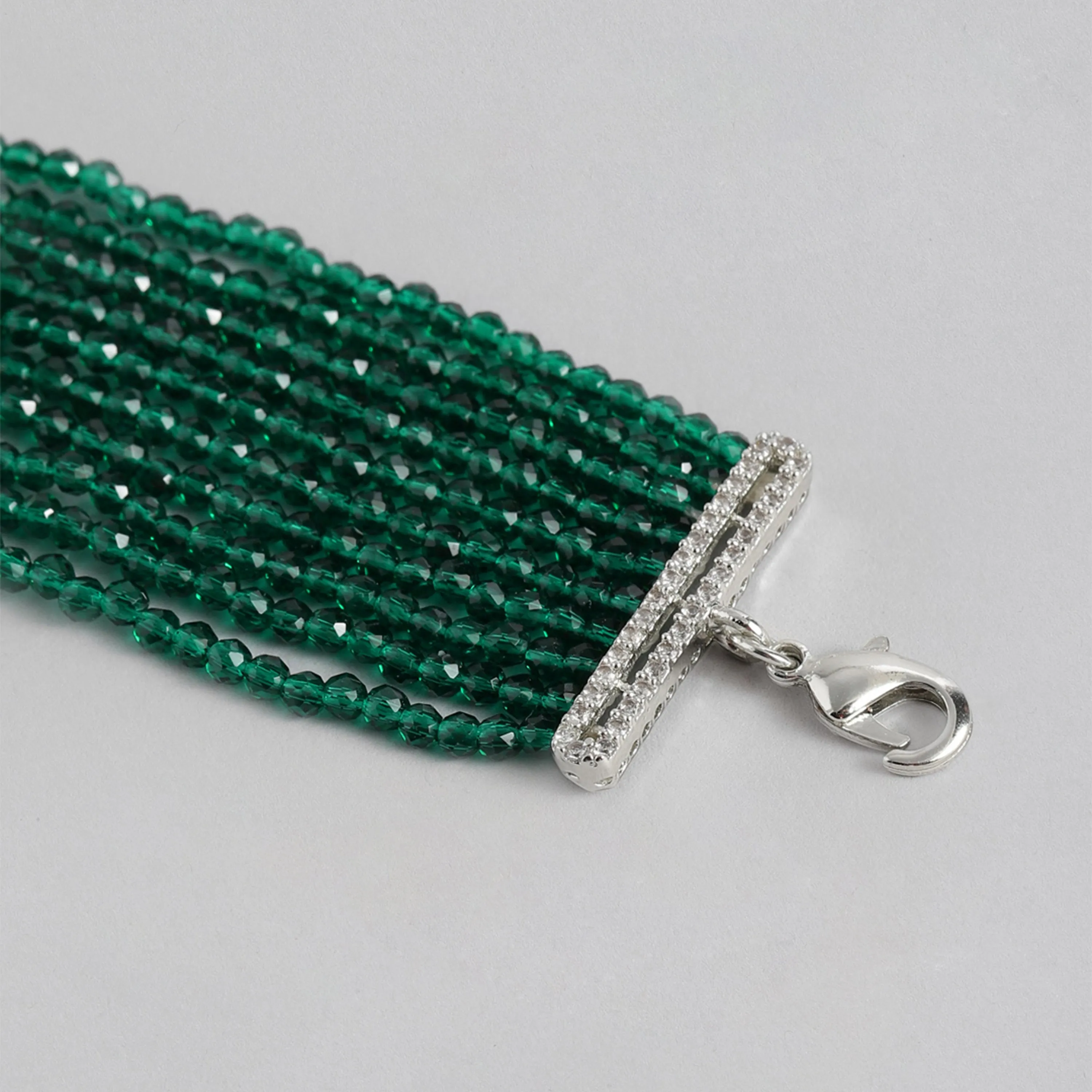 Estele Rhodium Plated CZ Sparkling Multi-Layered Bracelet with Emerald Beads for Women