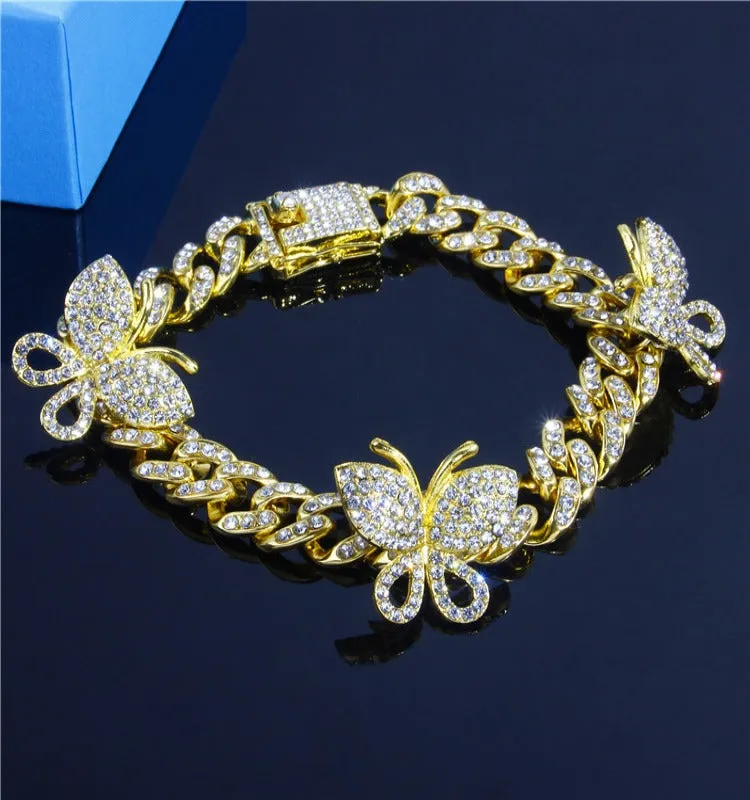 Exquisite Full Diamond Butterfly Cuban Vintage Thick Anklet (OA0013)