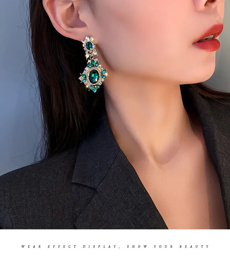 Glass beads crystals earrings in emerald green for prom