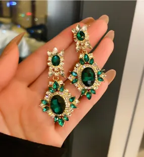 Glass beads crystals earrings in emerald green for prom