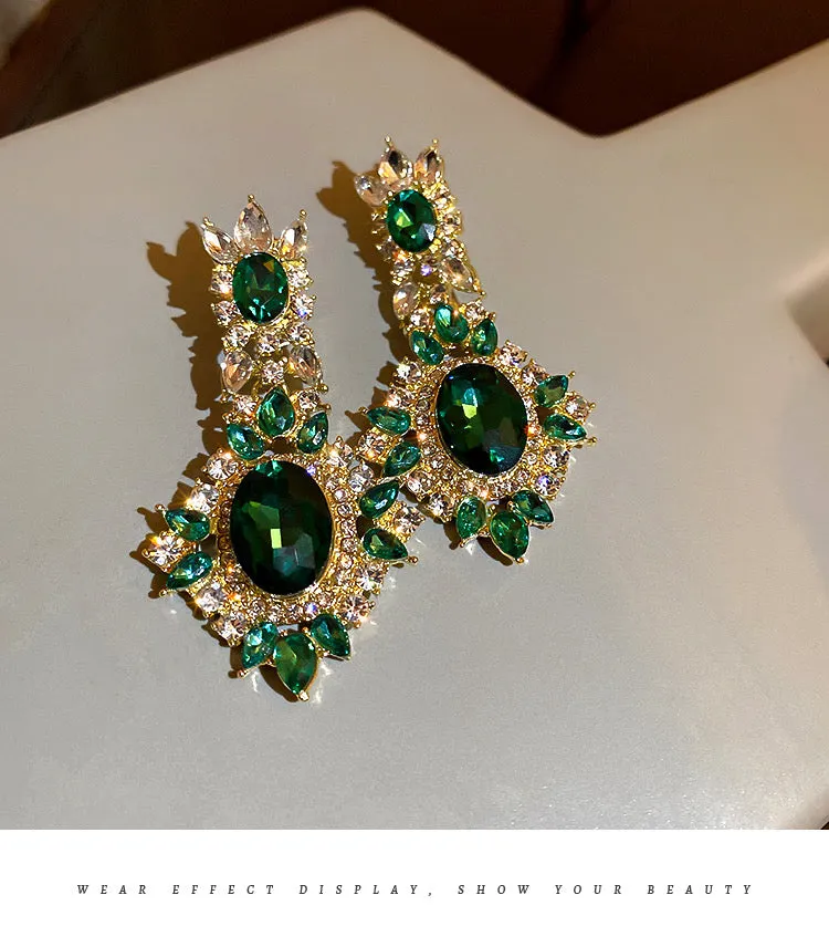 Glass beads crystals earrings in emerald green for prom