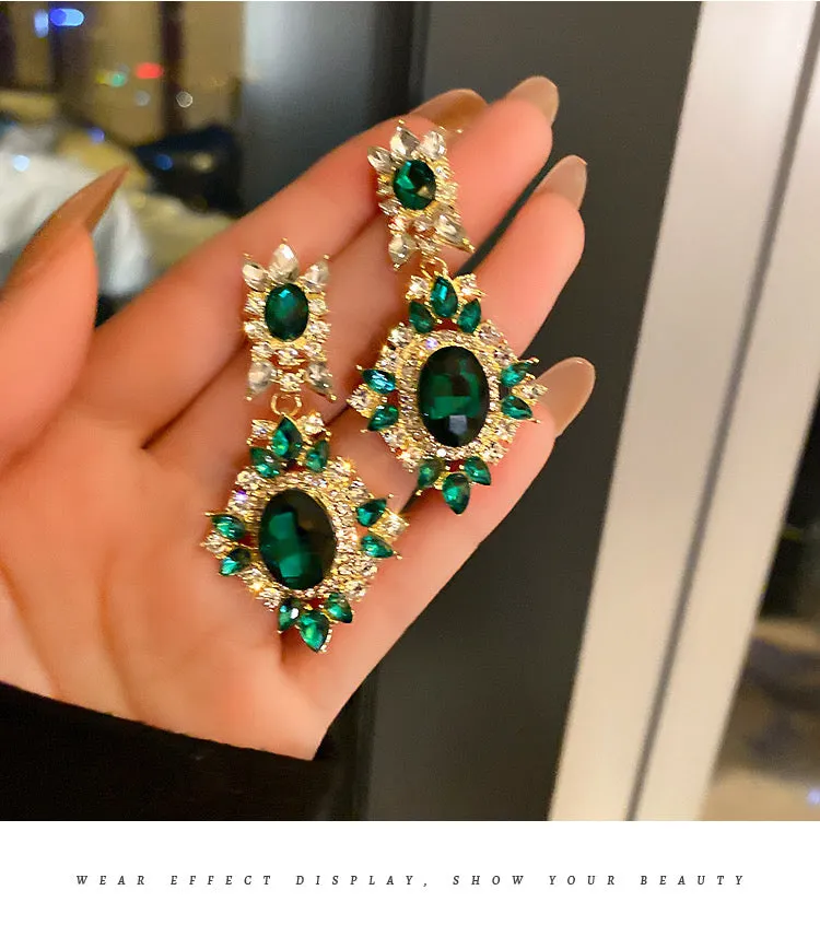 Glass beads crystals earrings in emerald green for prom