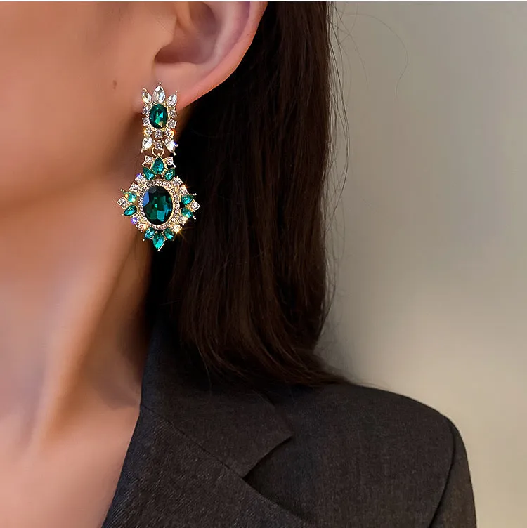 Glass beads crystals earrings in emerald green for prom