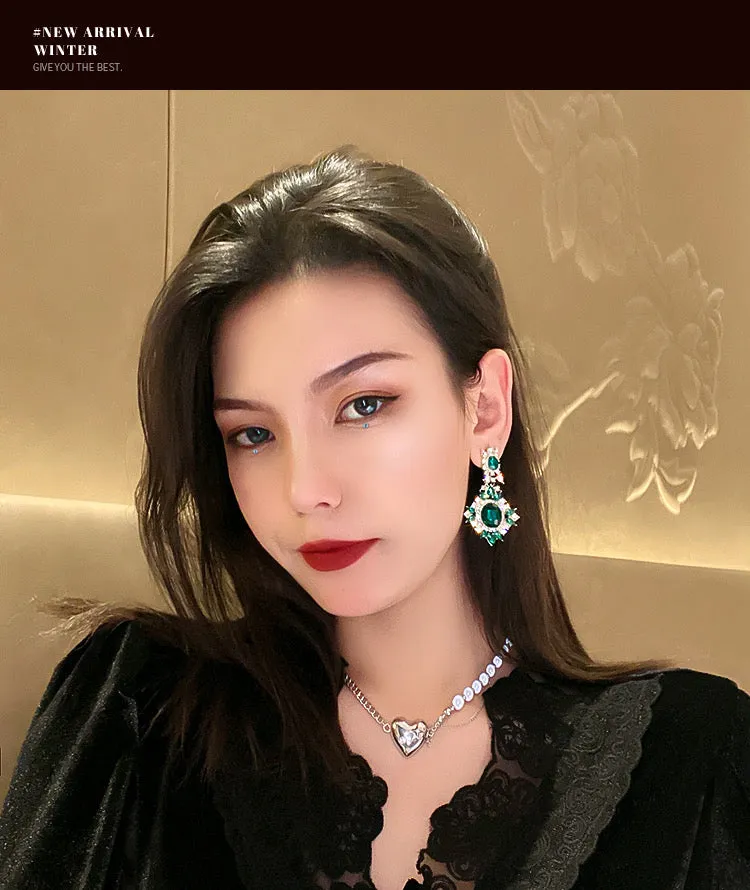 Glass beads crystals earrings in emerald green for prom
