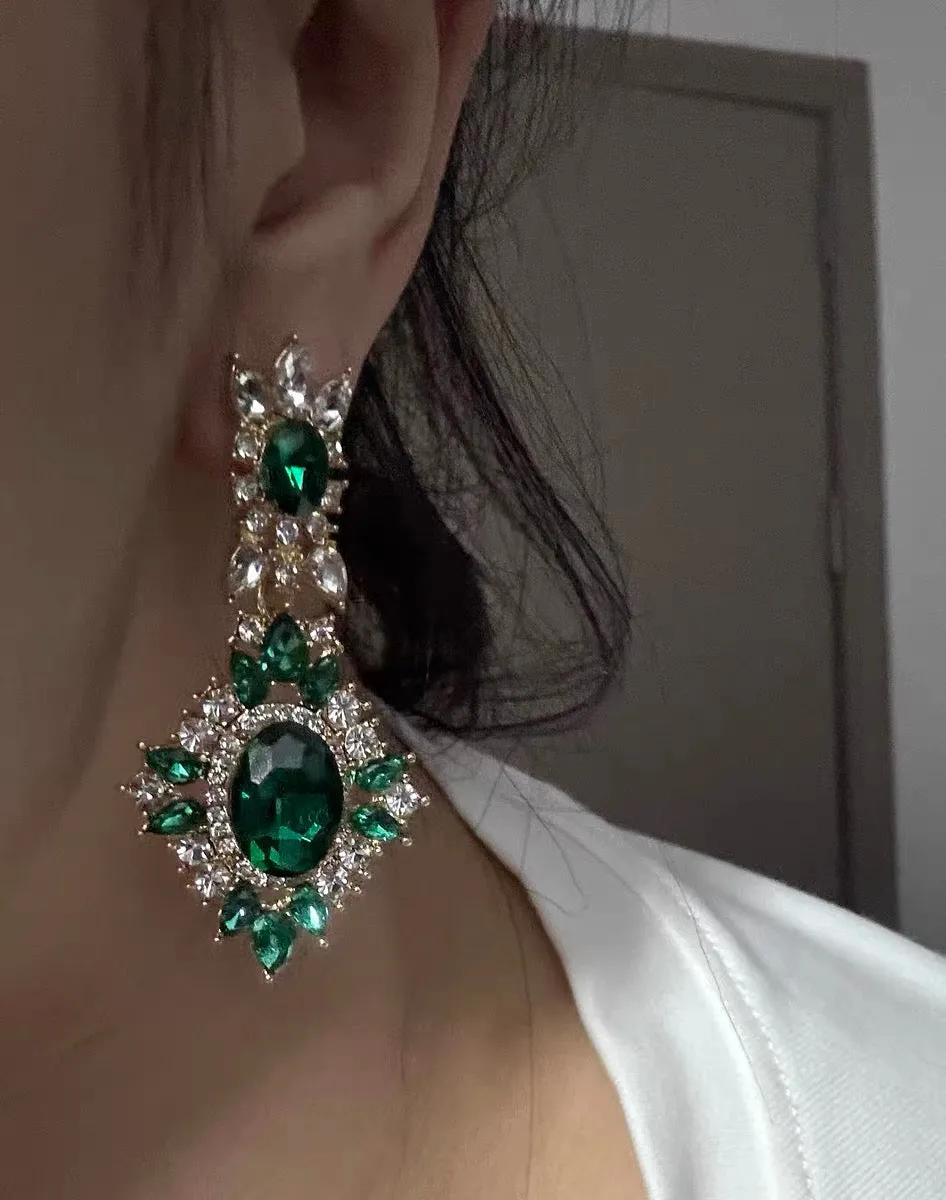 Glass beads crystals earrings in emerald green for prom