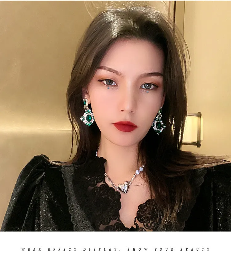 Glass beads crystals earrings in emerald green for prom