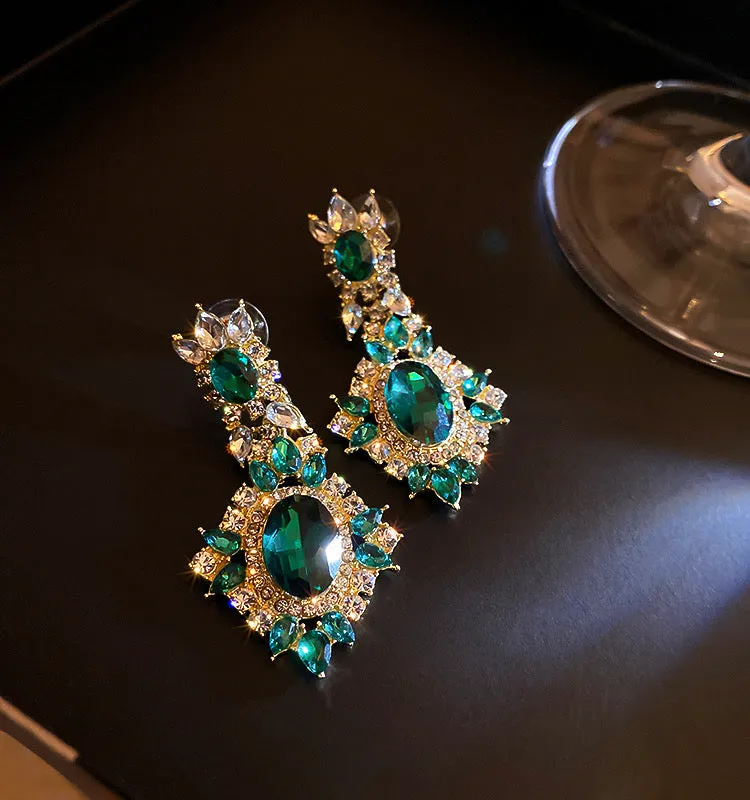 Glass beads crystals earrings in emerald green for prom