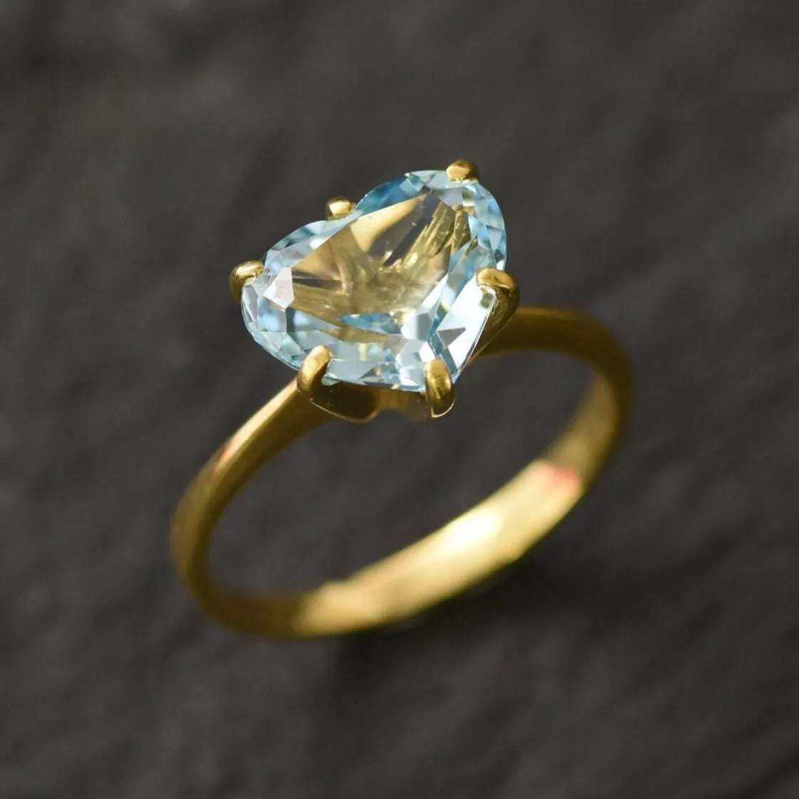 Gold Topaz Ring - Blue Heart Ring - Vintage Solitaire Ring