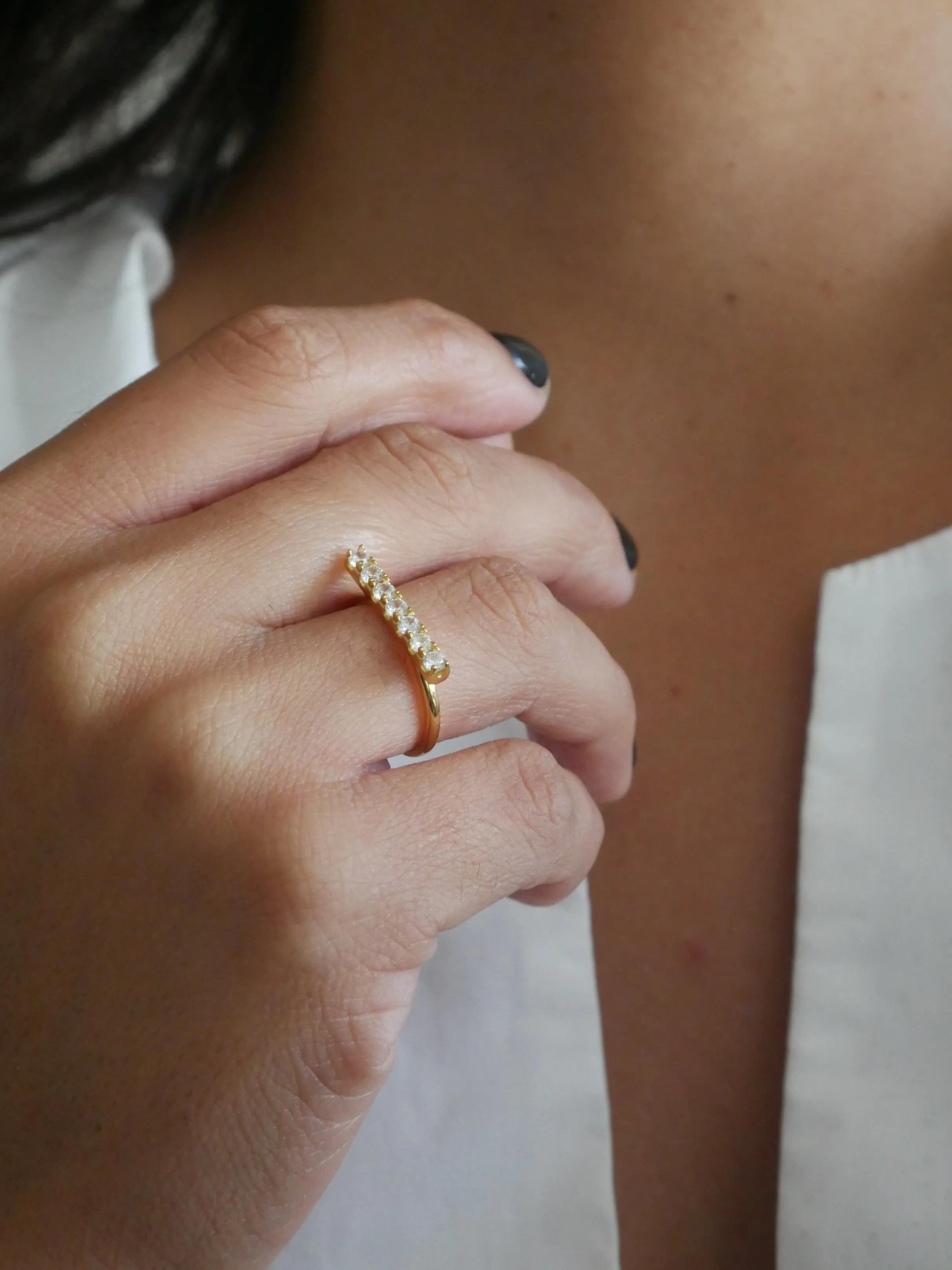 Golden Diamond CZ KESLEY 14k Gold Plated .925 Sterling Silver Bar Ring