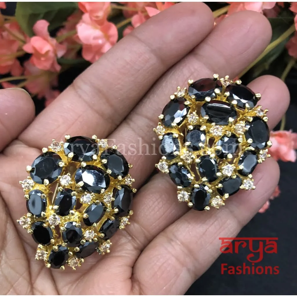 Golden Party Studs with Black Stones