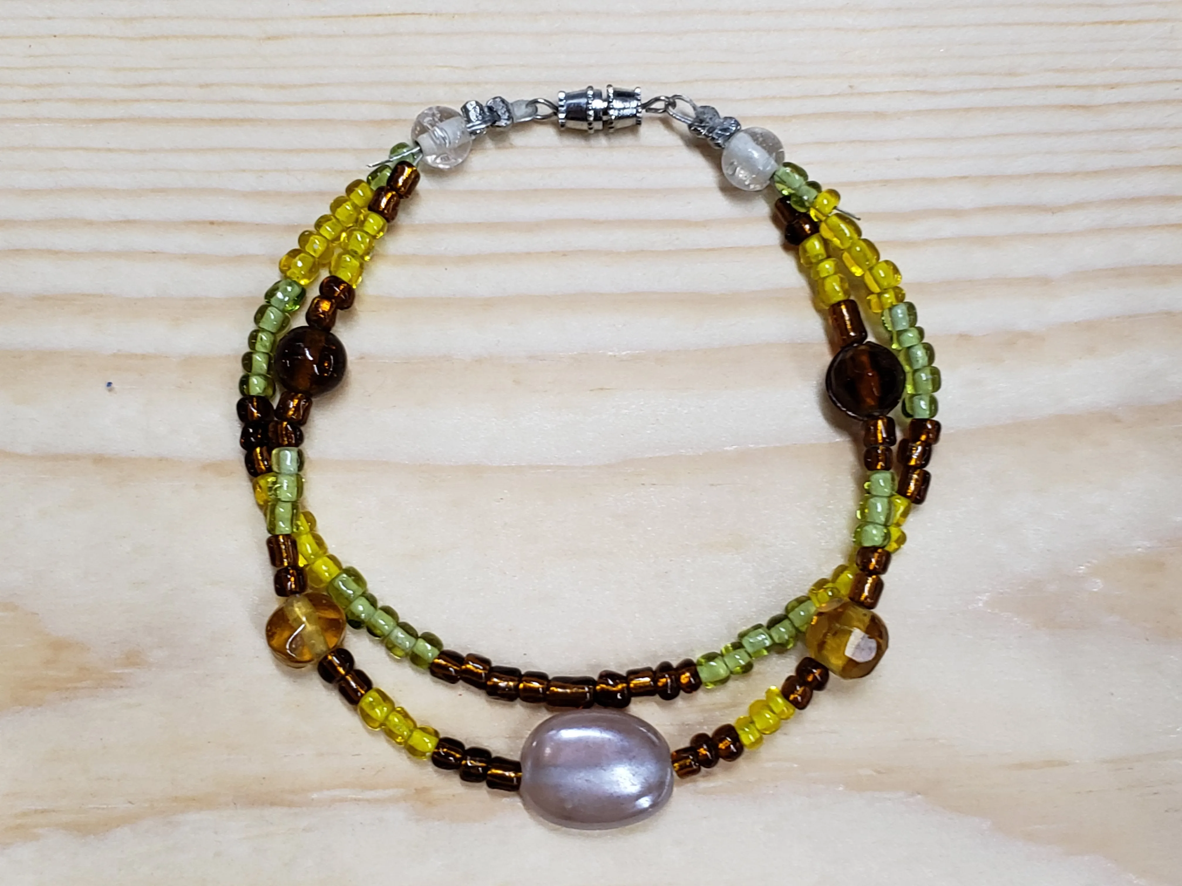 Green, Yellow & Brown Glass Bead Anklet with Focals and Screw Clasp