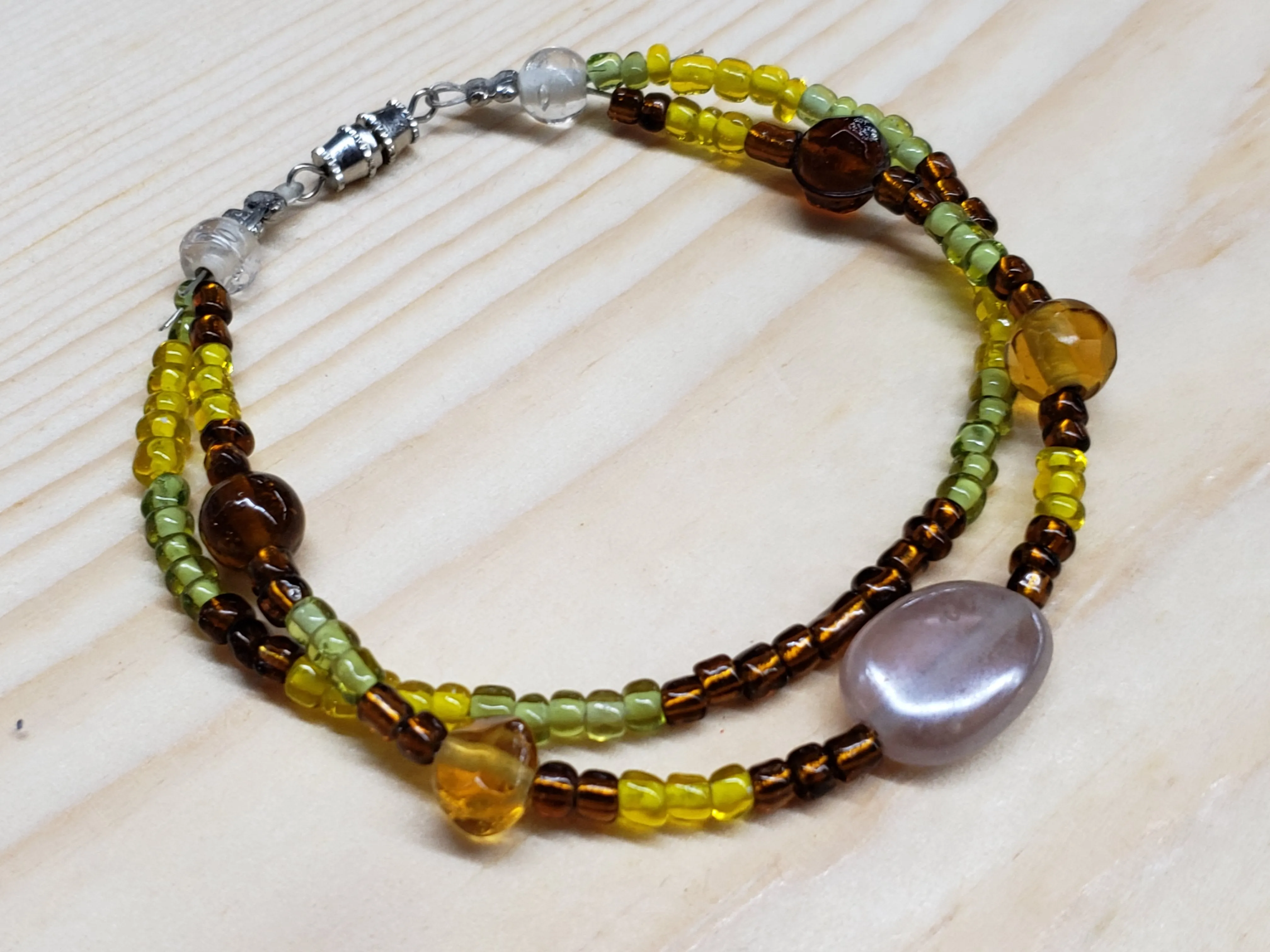 Green, Yellow & Brown Glass Bead Anklet with Focals and Screw Clasp