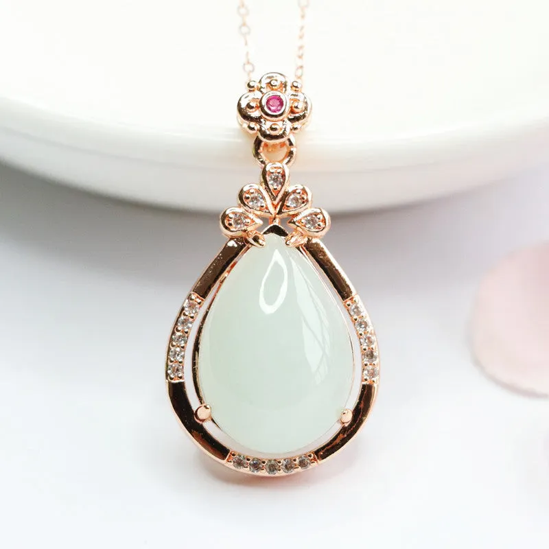 Jade Water Drop Pendant Necklace with Rose Gold Finish