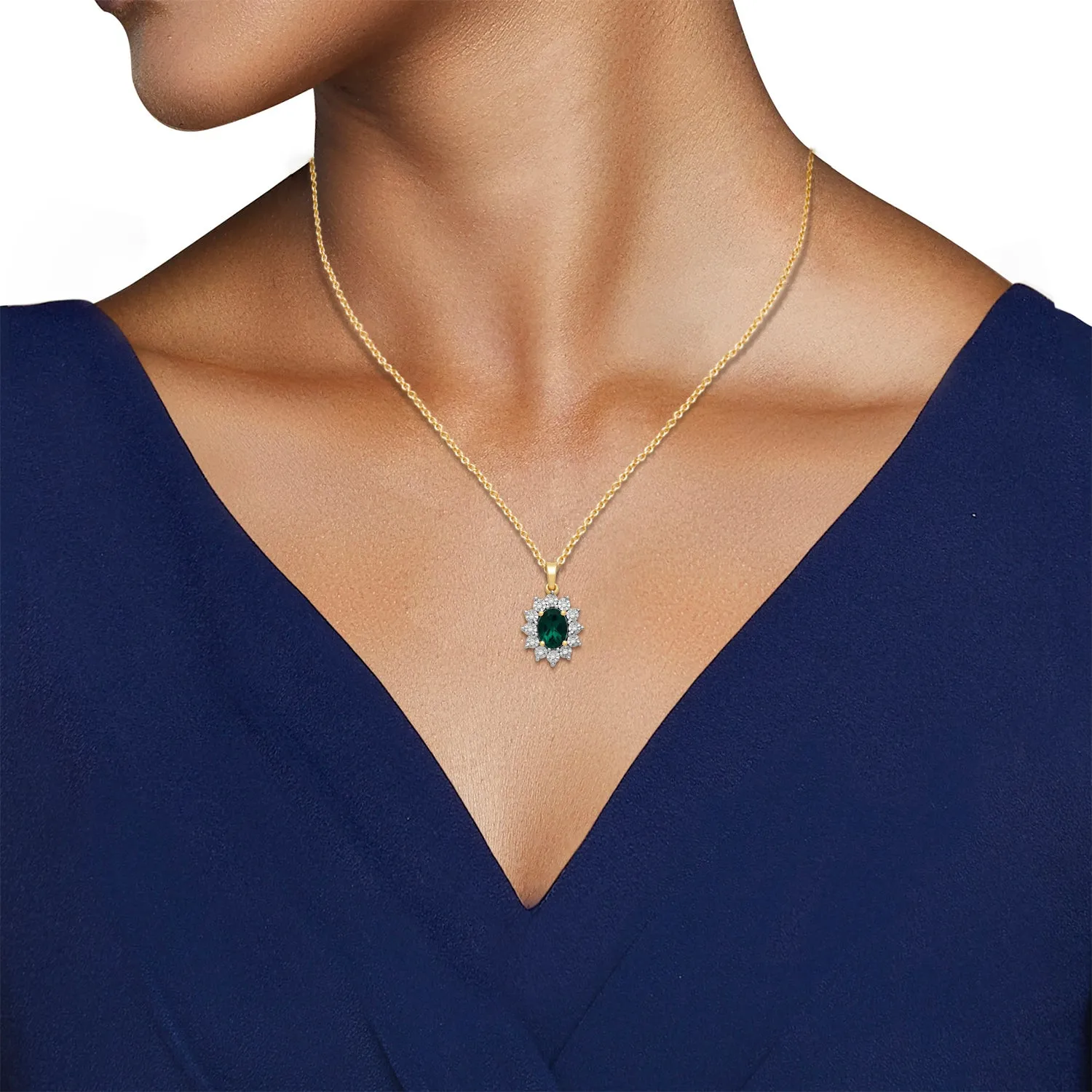 Jewelili 18K Yellow Gold over Sterling Silver 7x5 MM Oval Created Emerald and 1/20 Cttw Natural White Round Diamond Pendant Necklace