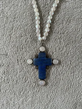 Joan Slifka Coin Pearl Necklace large lapis cross