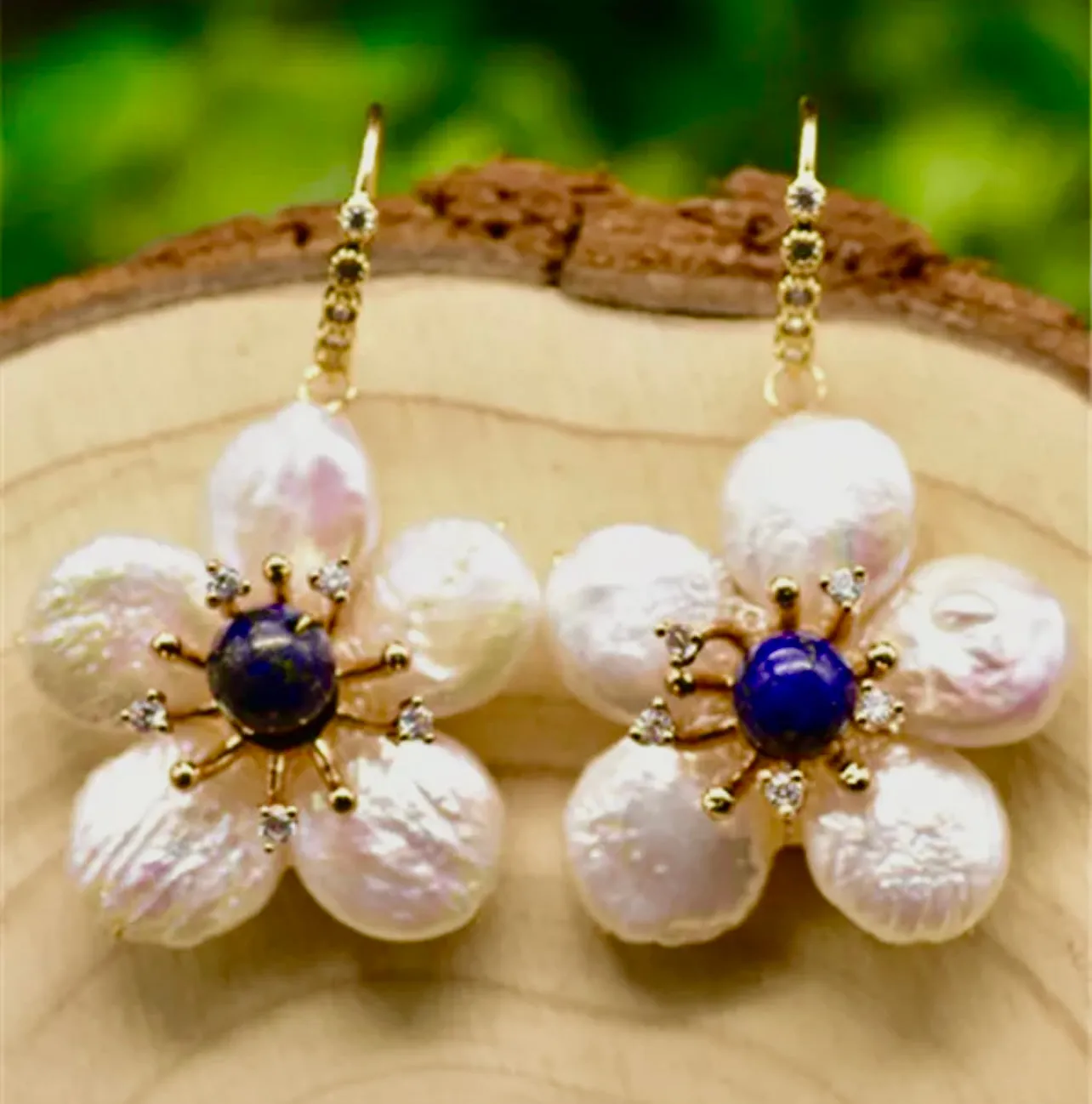 Lapis Lazuli and Pearl Dangle Statement Earrings 3"