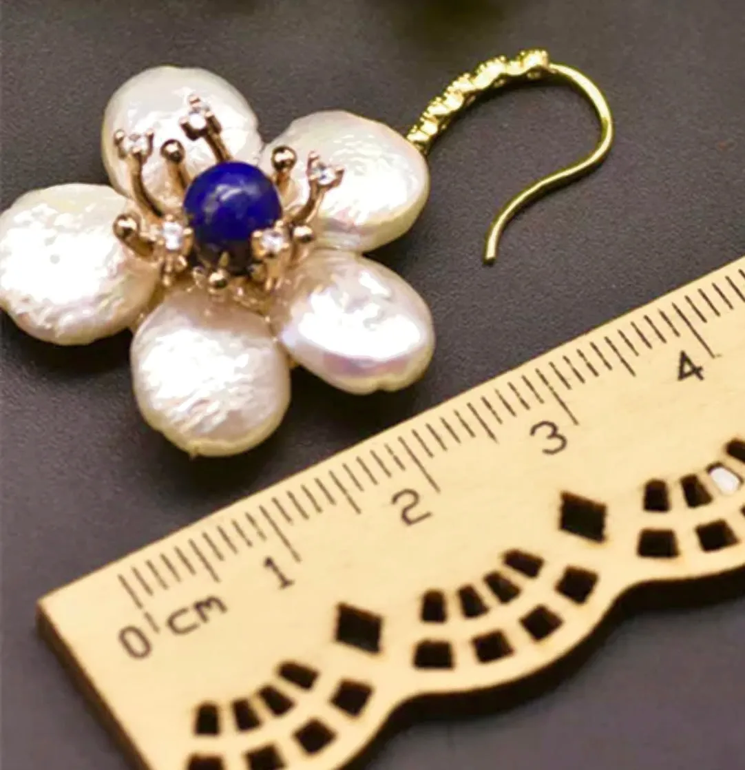 Lapis Lazuli and Pearl Dangle Statement Earrings 3"