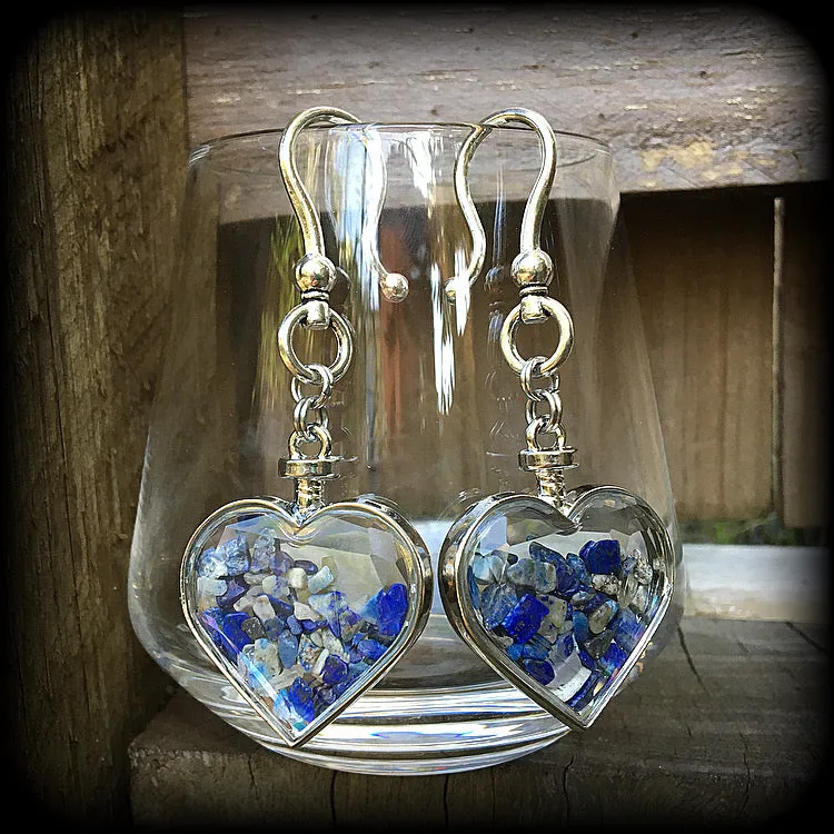 Lapis lazuli gemstone heart earrings-Ear hangers