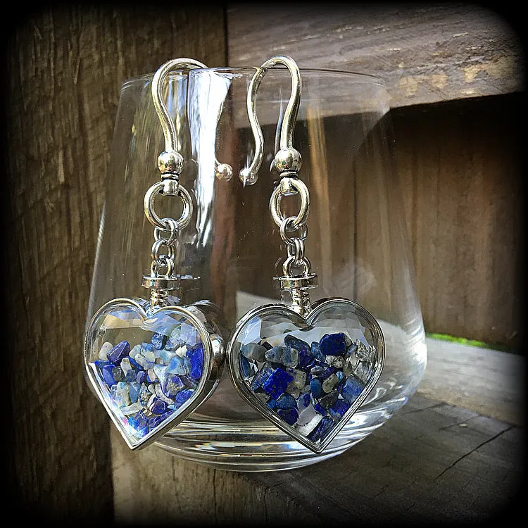 Lapis lazuli gemstone heart earrings-Ear hangers