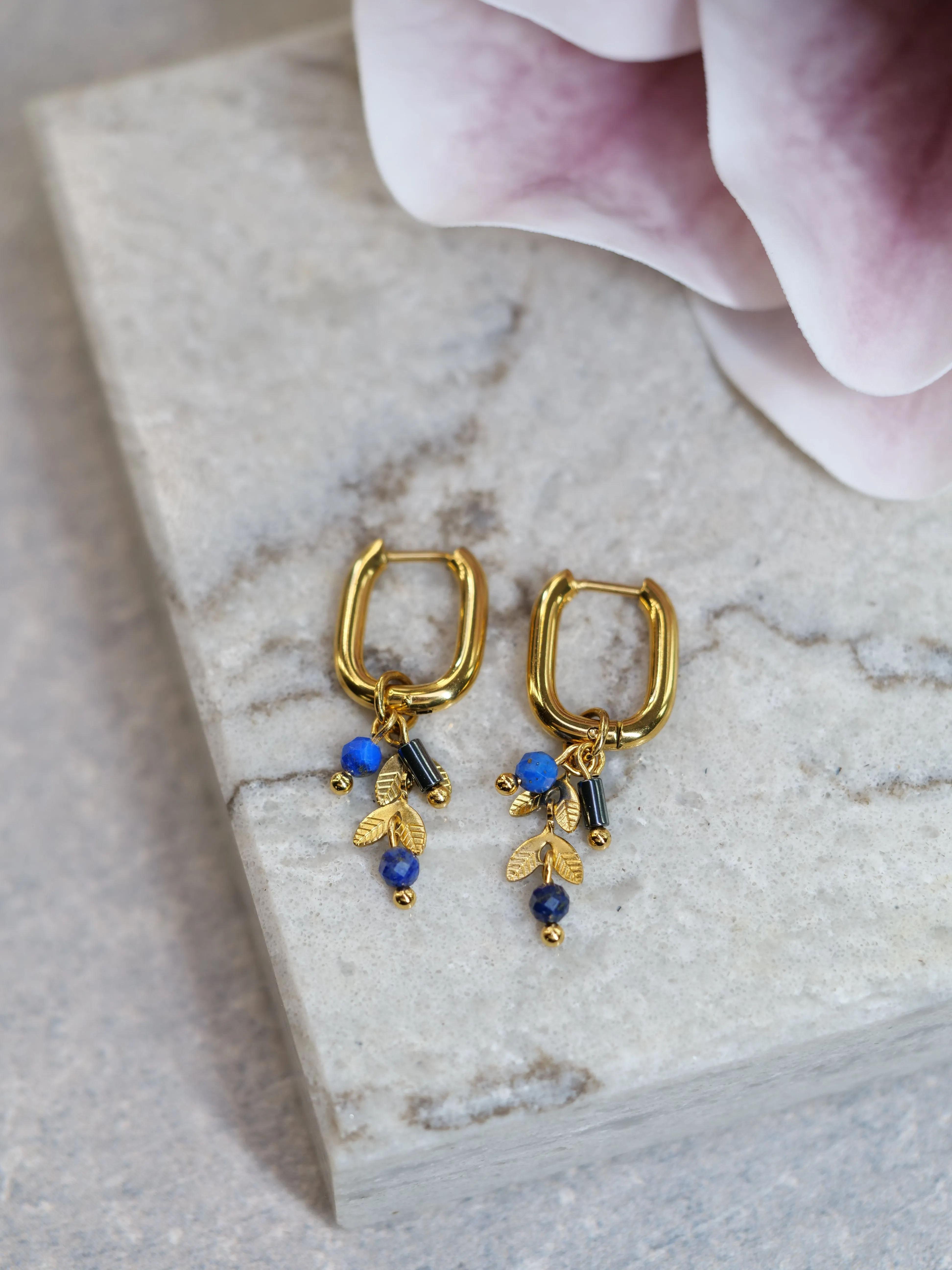 Lapis Lazuli Hematite Huggie Dangle Natural Gemstone PVD Gold Plated Gold Filled Earrings, Genuine Top Grade Gift Jewelry, Women Fashion Jewellery