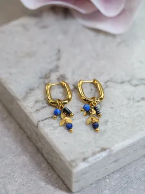 Lapis Lazuli Hematite Huggie Dangle Natural Gemstone PVD Gold Plated Gold Filled Earrings, Genuine Top Grade Gift Jewelry, Women Fashion Jewellery