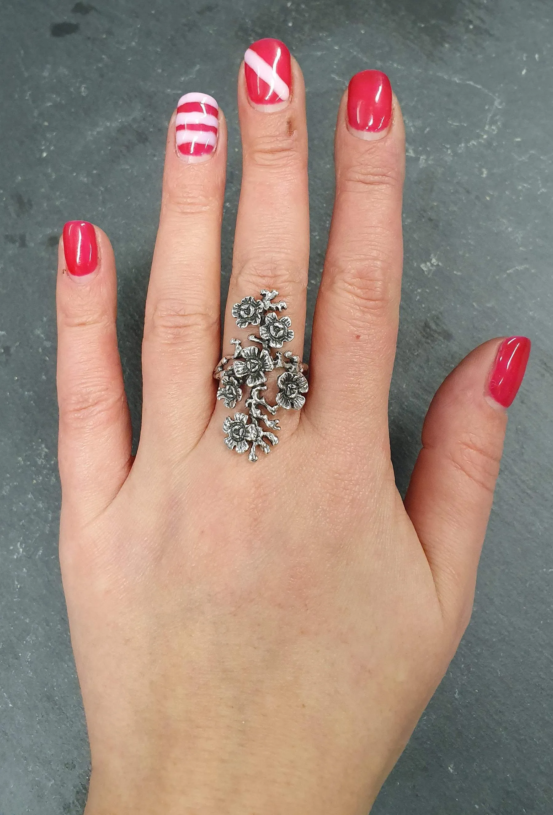 Long Flower Ring - Large Silver Flower Ring - Vintage Flower Ring