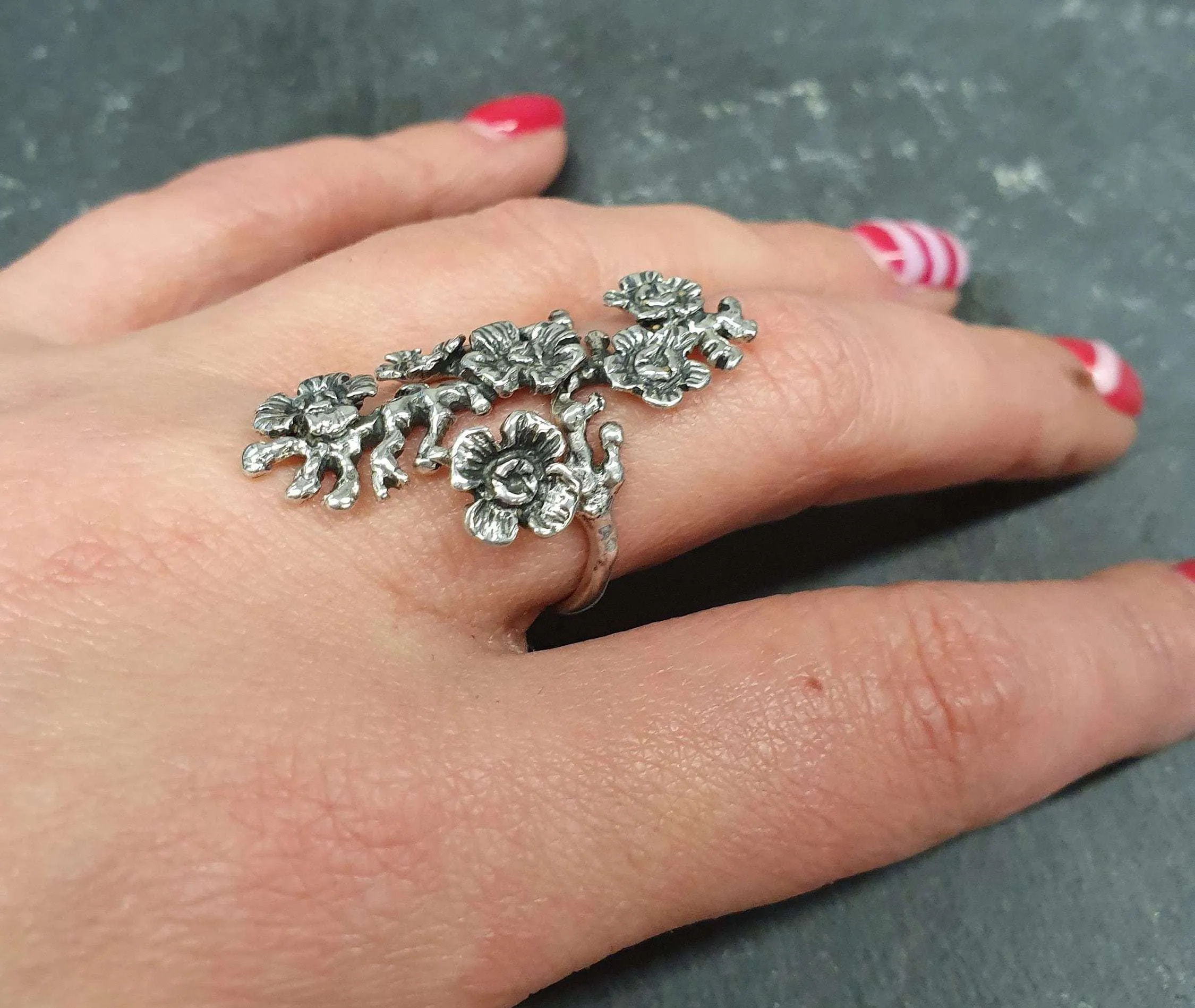 Long Flower Ring - Large Silver Flower Ring - Vintage Flower Ring