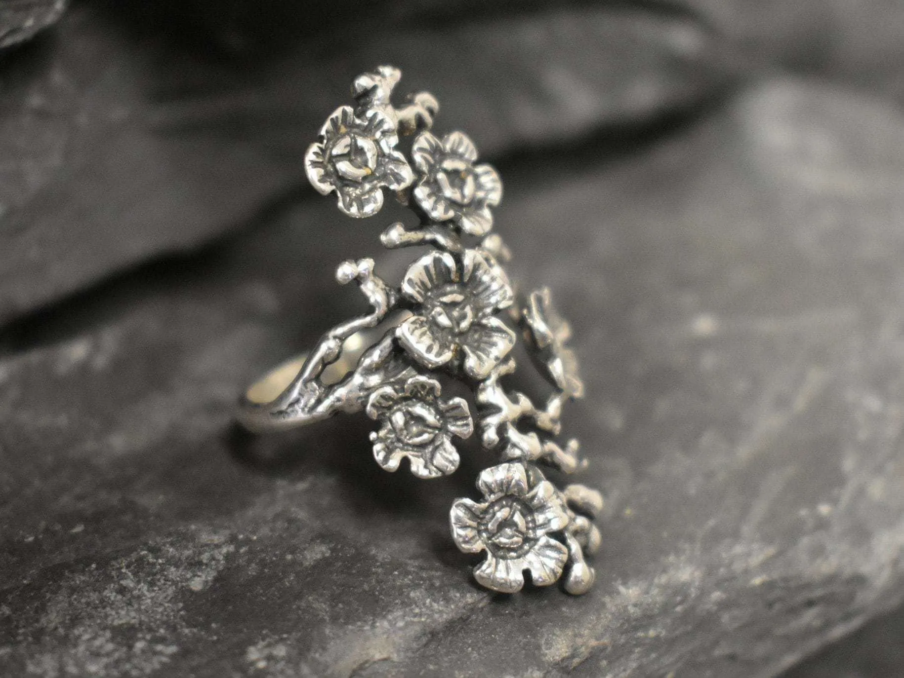 Long Flower Ring - Large Silver Flower Ring - Vintage Flower Ring