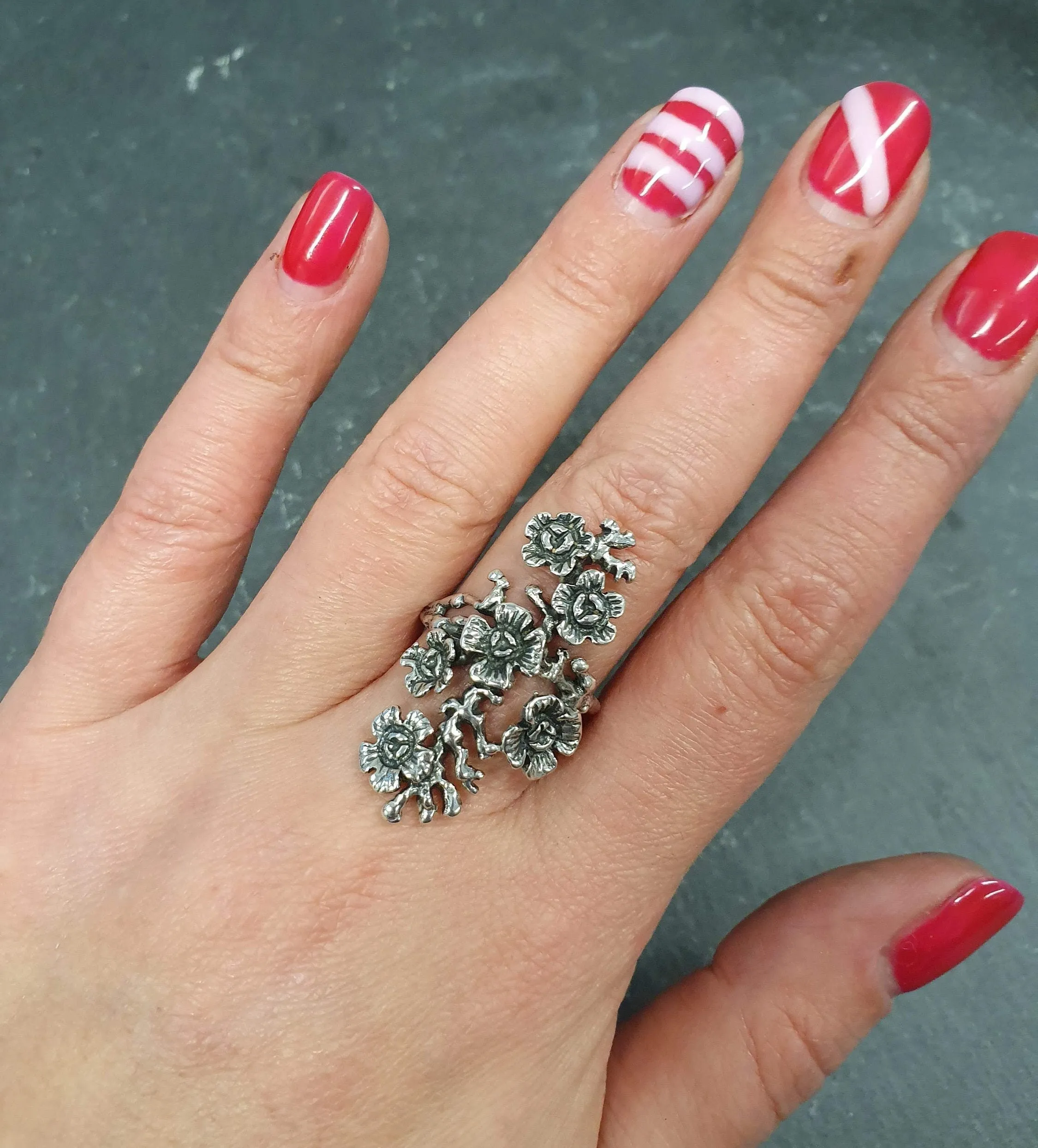 Long Flower Ring - Large Silver Flower Ring - Vintage Flower Ring