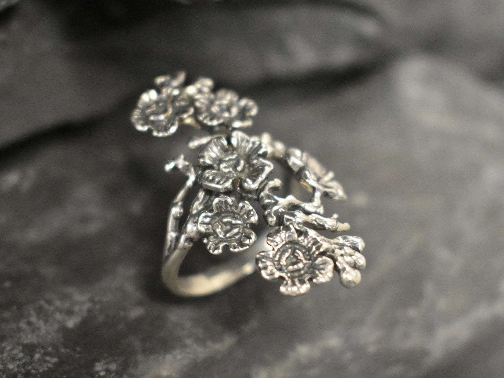 Long Flower Ring - Large Silver Flower Ring - Vintage Flower Ring