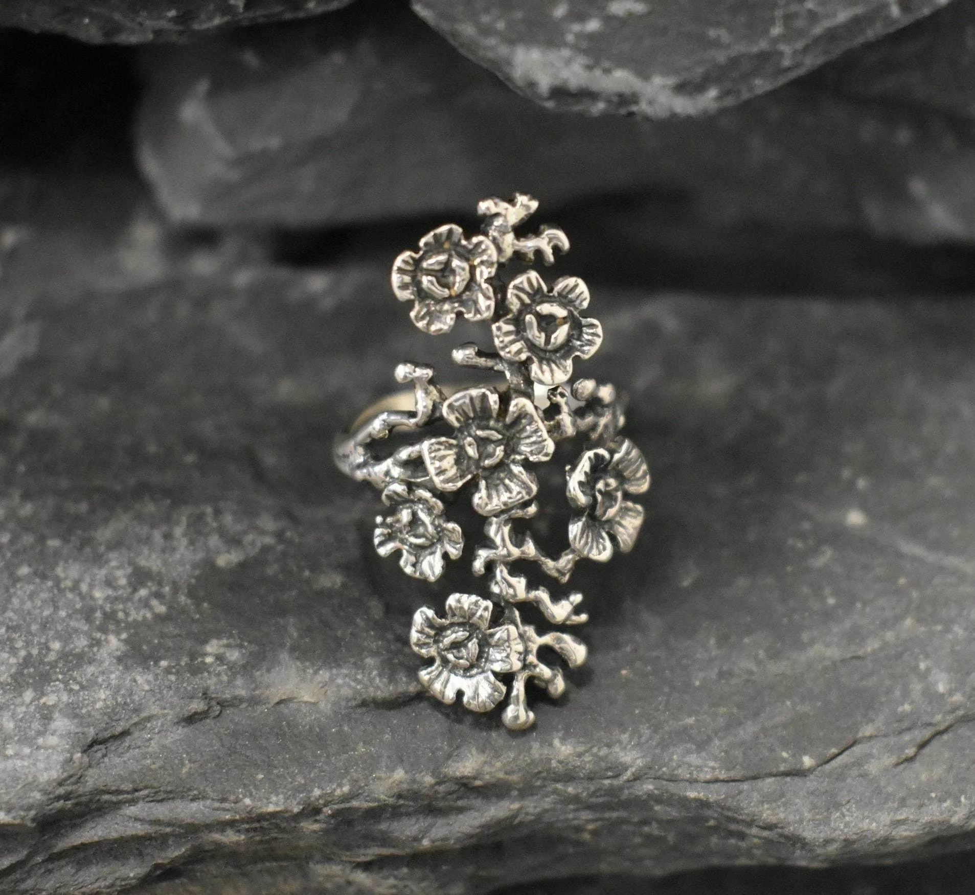 Long Flower Ring - Large Silver Flower Ring - Vintage Flower Ring