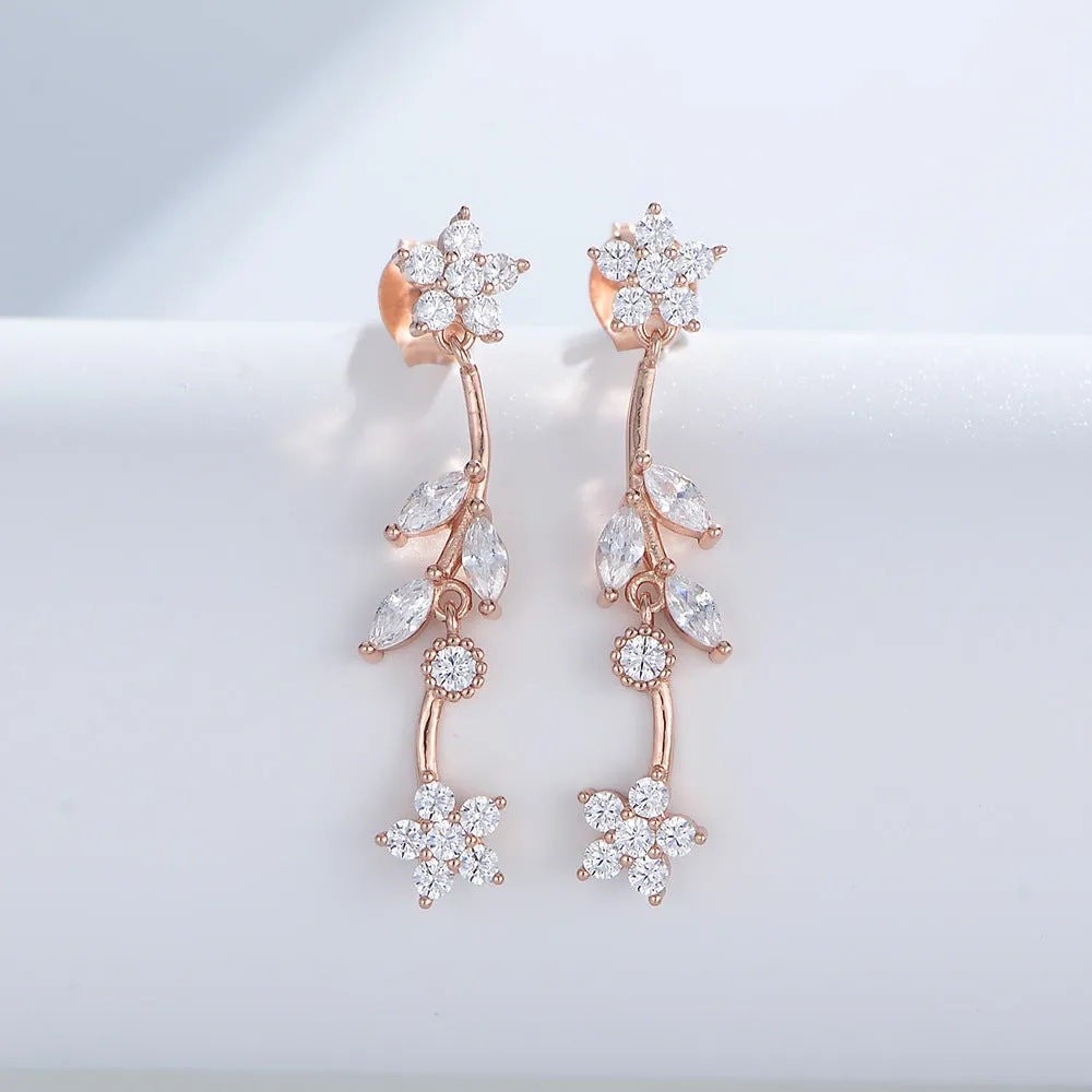 Long Leaf Flower Zircon Silver Drop Earrings for Women