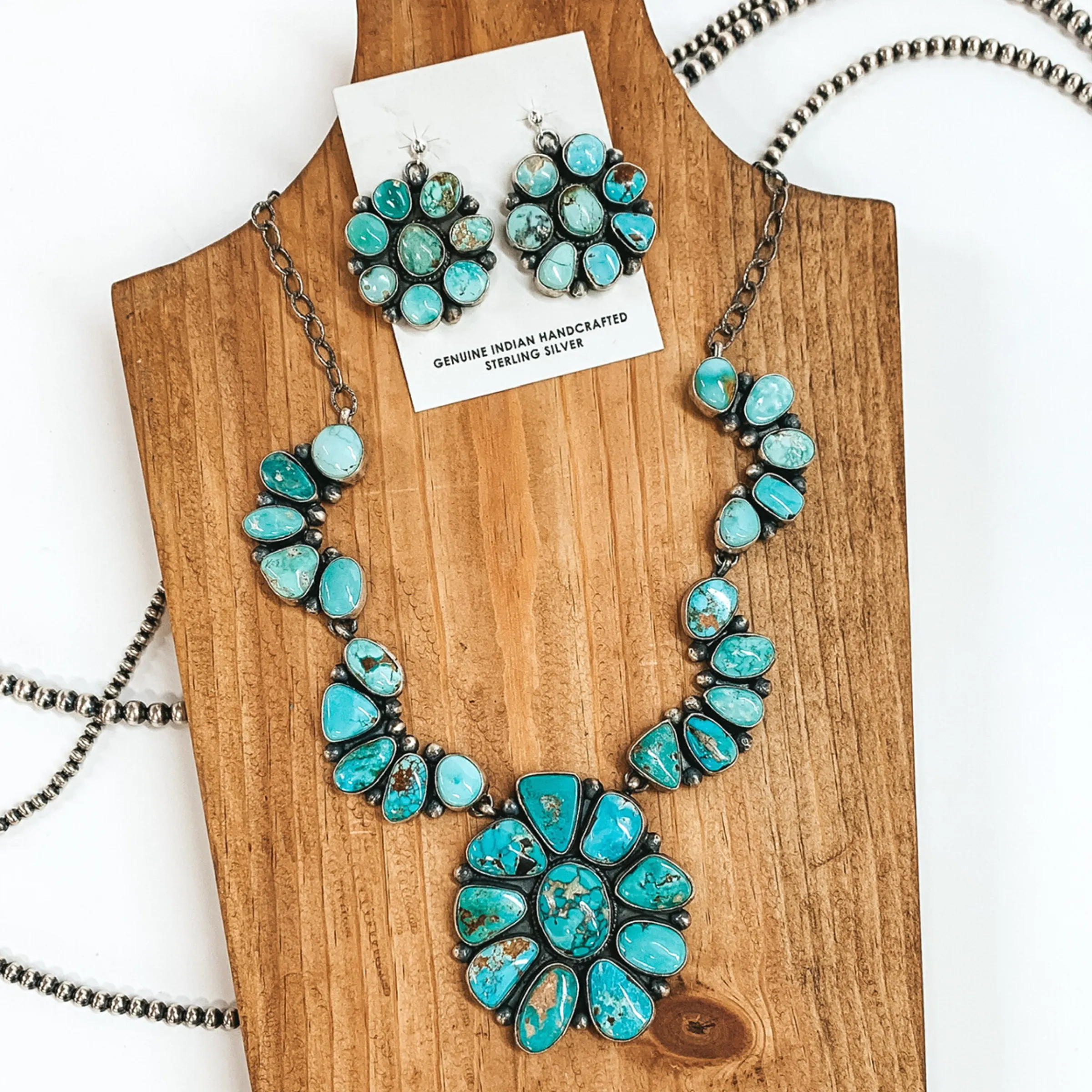 Marie Tsosie | Navajo Handmade Sterling Silver & Royston Turquoise Large Cluster Statement Necklace   Matching Earrings