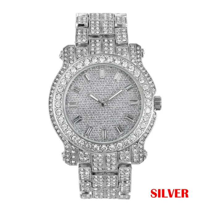 Men's Fashion Design Hip Hop Sliver Watch and Bracelet Diamond Stone