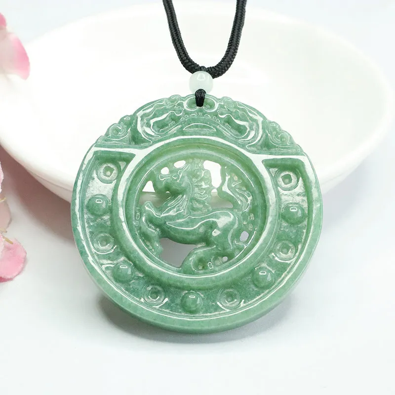 Myanmar Grade A Jade Horse Carving Hollow Round Pendant for Luck and Abundance