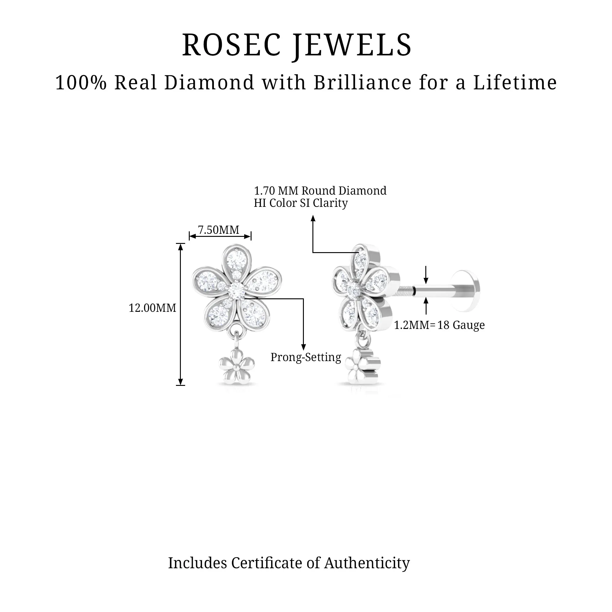 Natural Diamond Flower Helix Drop Earring