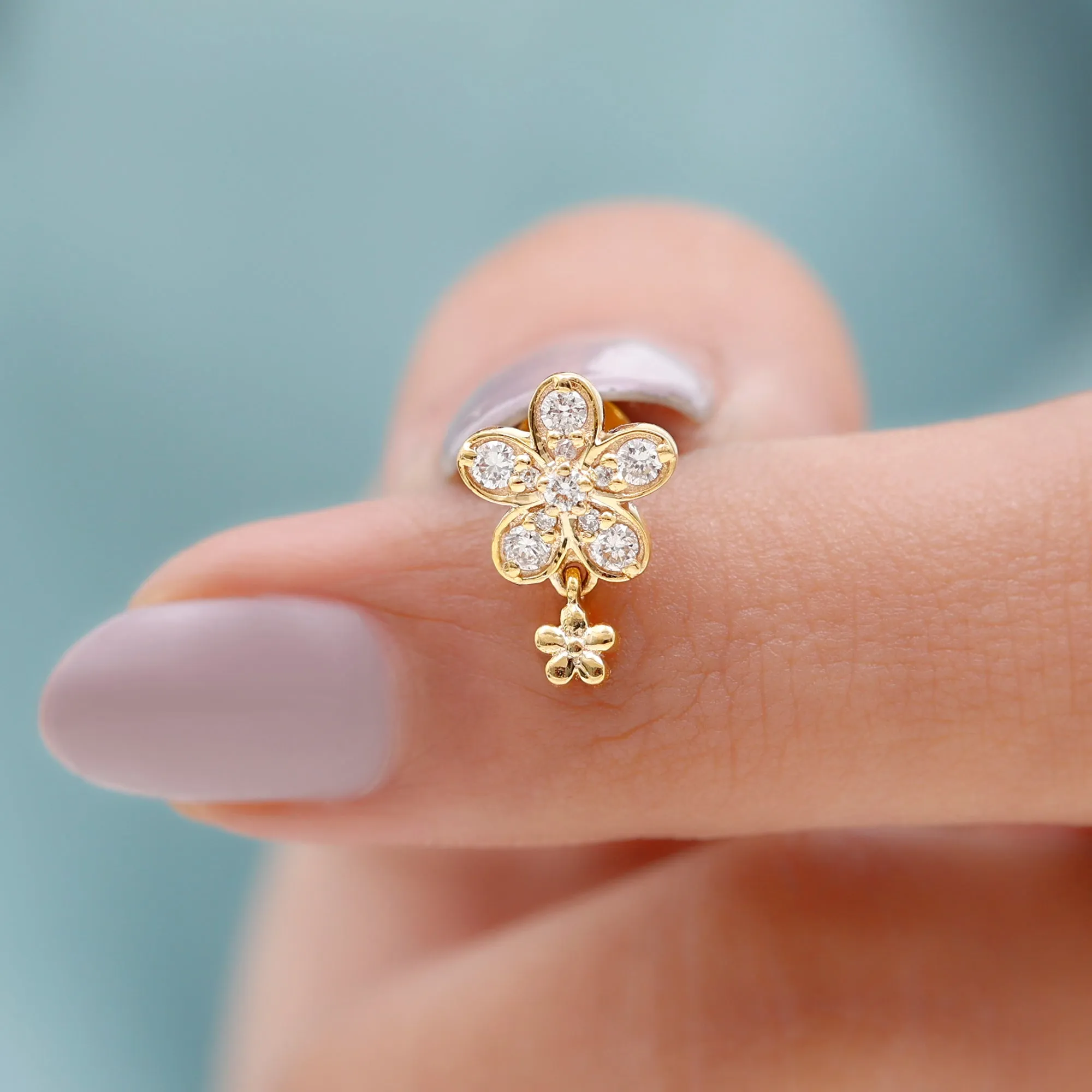 Natural Diamond Flower Helix Drop Earring