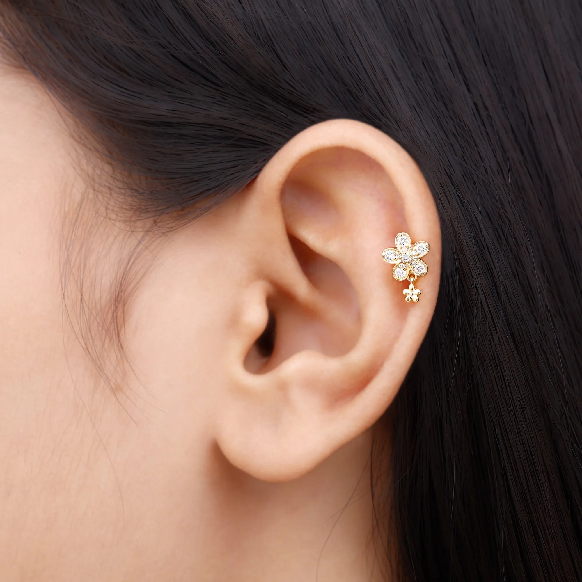 Natural Diamond Flower Helix Drop Earring