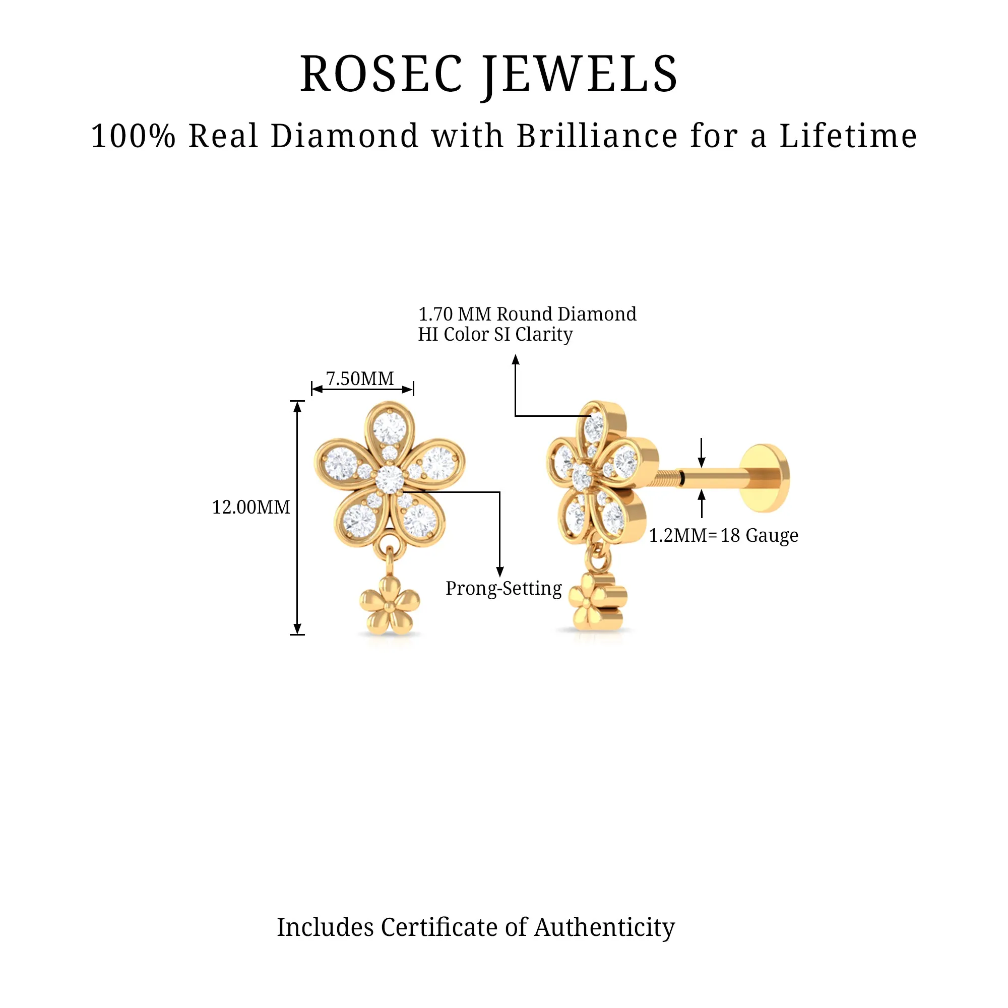 Natural Diamond Flower Helix Drop Earring