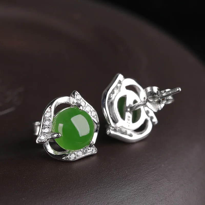 Natural Jade Earrings Nephrite Silver Zircon Earrings ZEG511