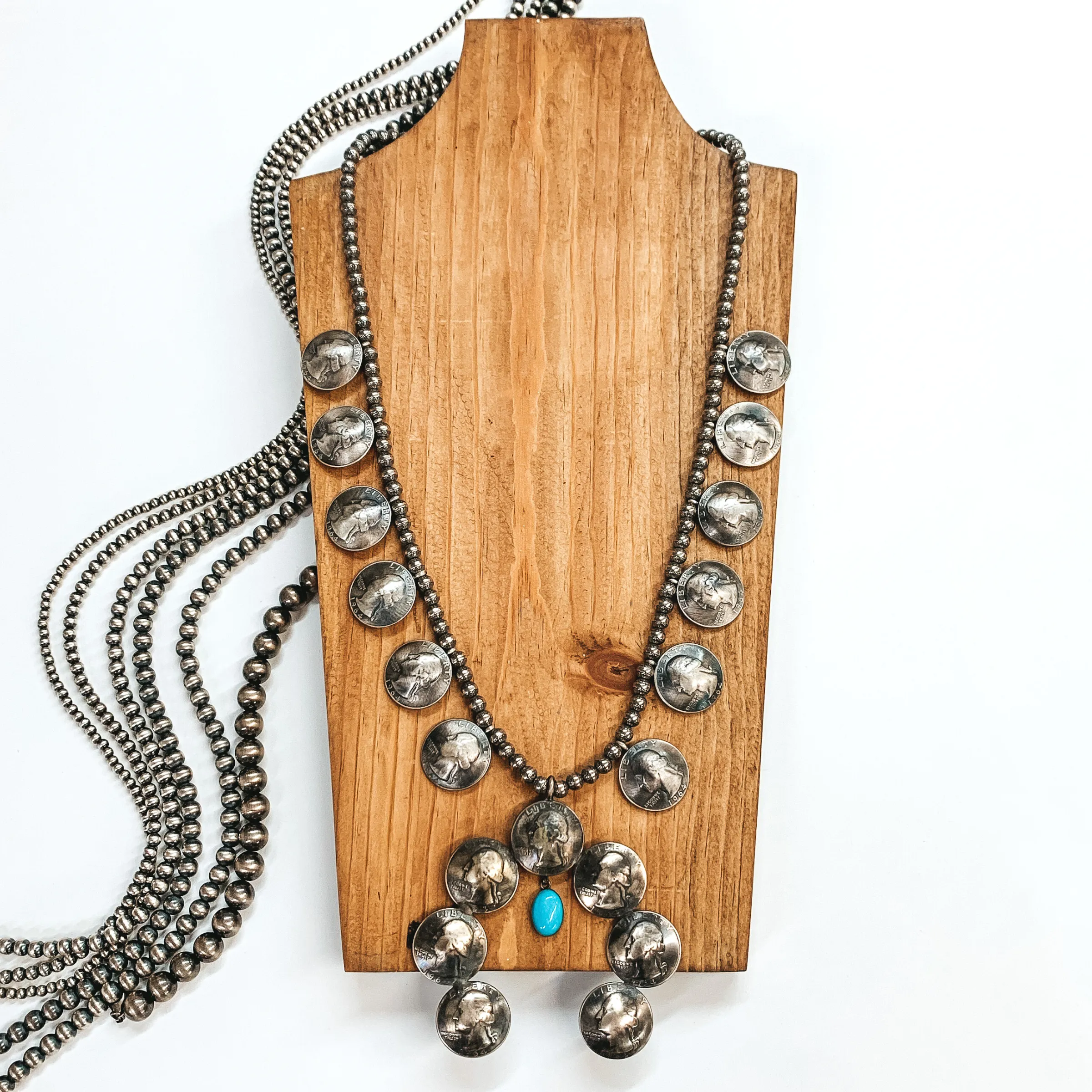 Navajo | Navajo Handmade Vintage Sterling Silver Quarter Naja Necklace with Hanging Turquoise Stone
