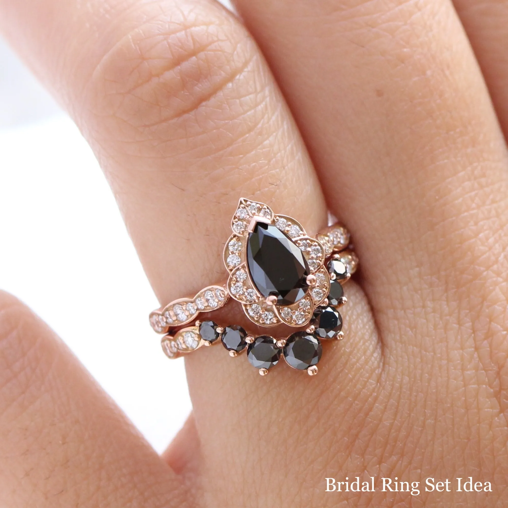 Pear Black Diamond Engagement Ring in Vintage Floral Scalloped Band