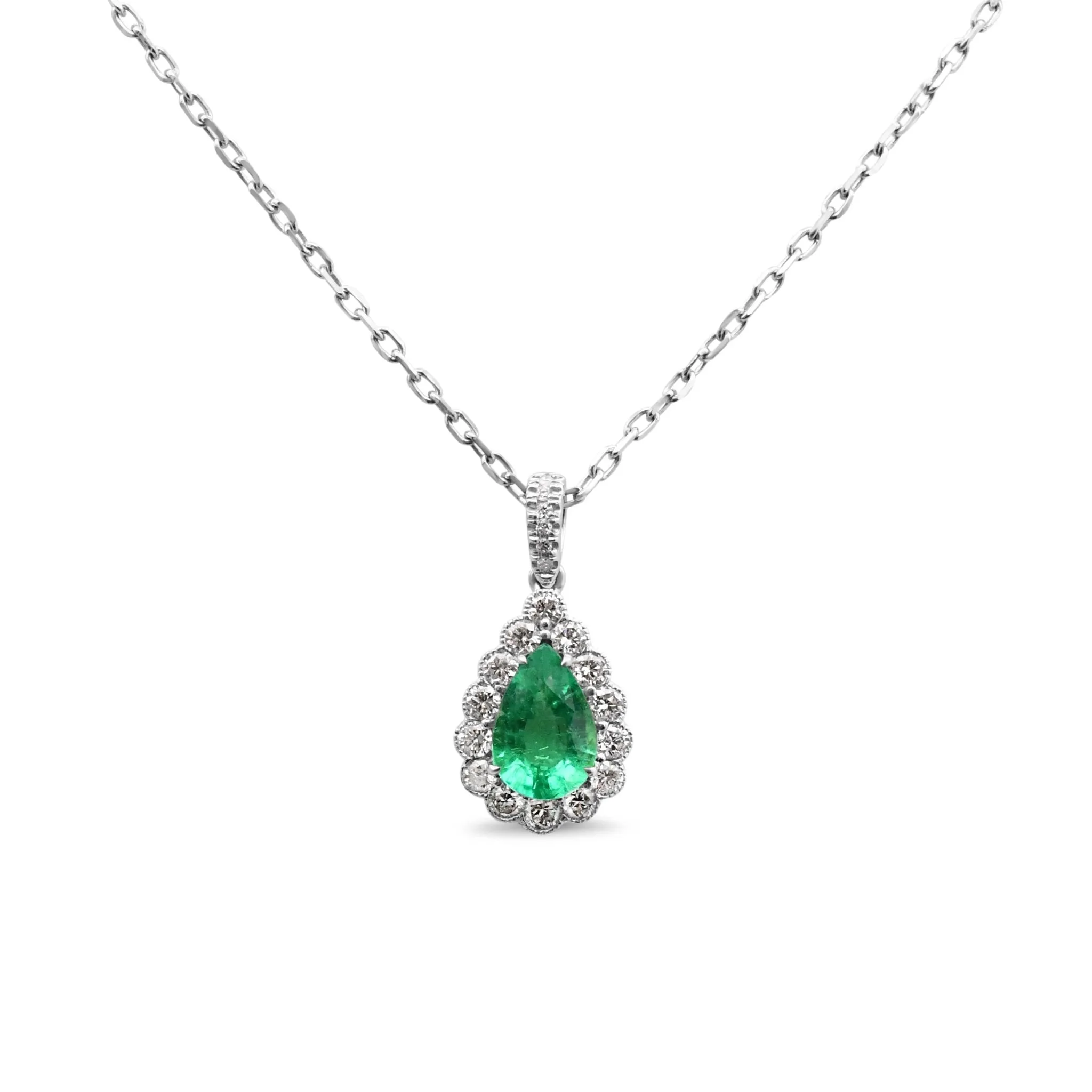 Pear Shaped Emerald And Diamond Pendant On 16" Necklace