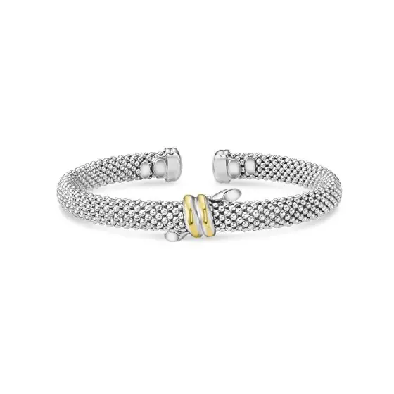 Popcorn Knot Cuff Bangle in Sterling Silver & 18K Yellow Gold